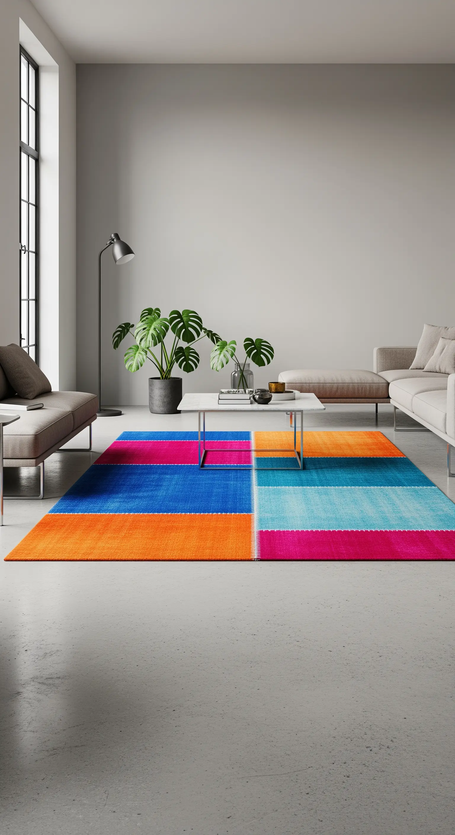 Grande tappeto a blocchi di colore arancione, blu e fucsia in un salotto moderno e minimale