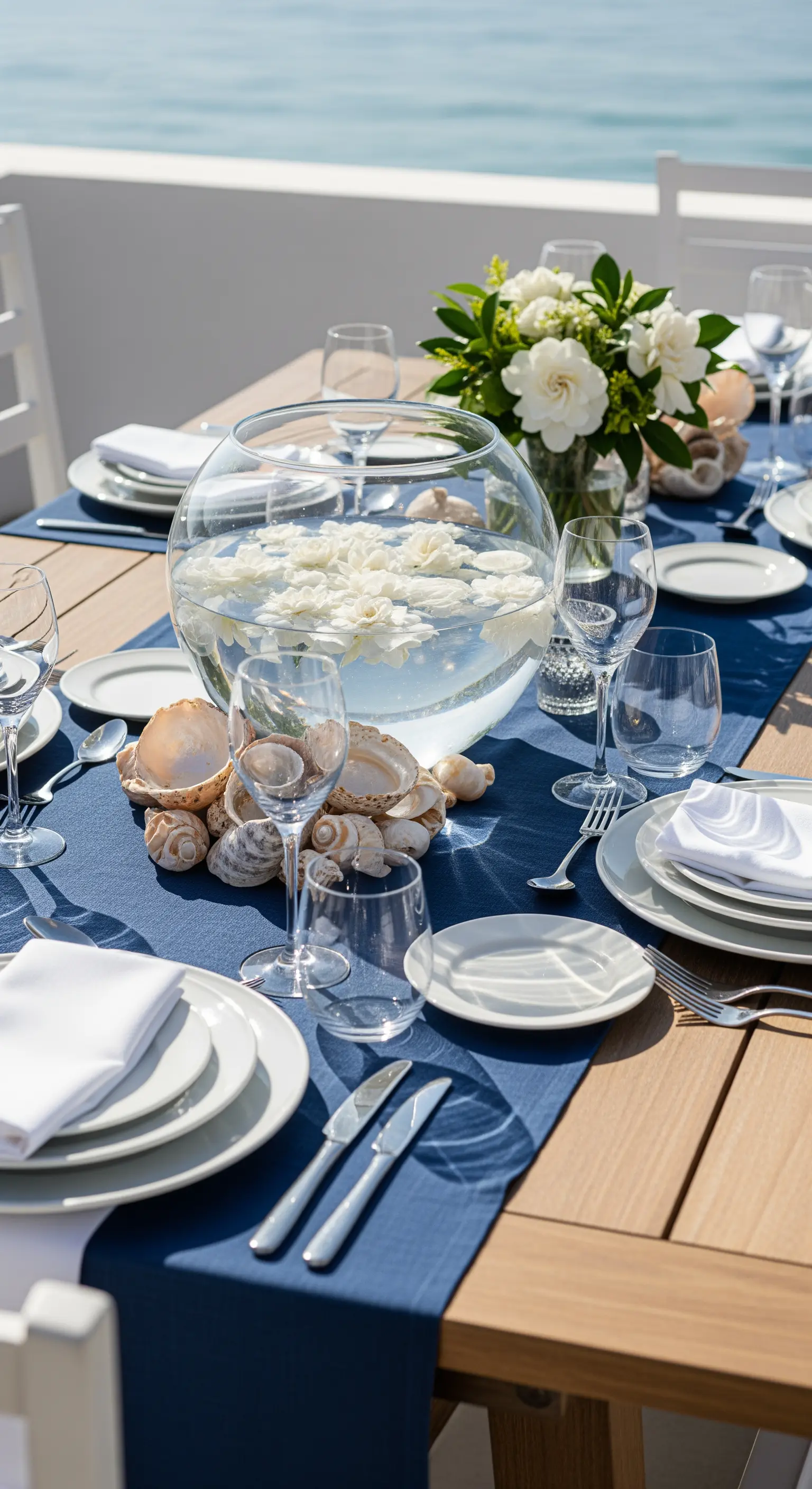 Tavola elegante con runner blu, centrotavola con fiori bianchi galleggianti e conchiglie.