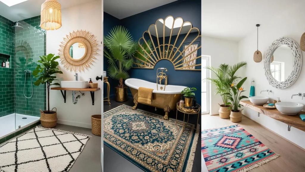Bagni bohemien-chic con tappeti etnici, piante tropicali rigogliose e specchi decorati.