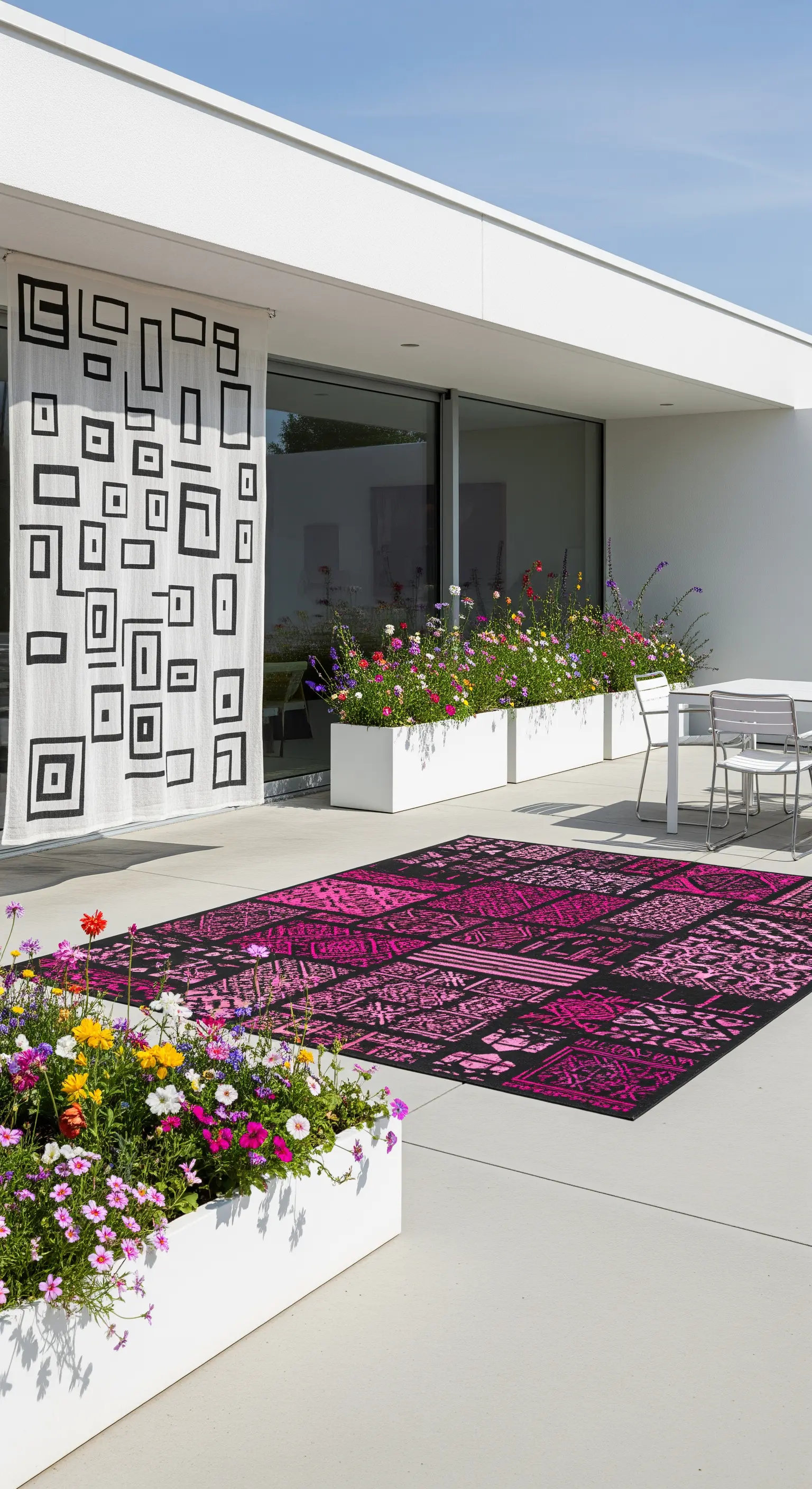 Terrazza moderna minimalista con un grande tappeto patchwork fucsia e fioriere bianche.