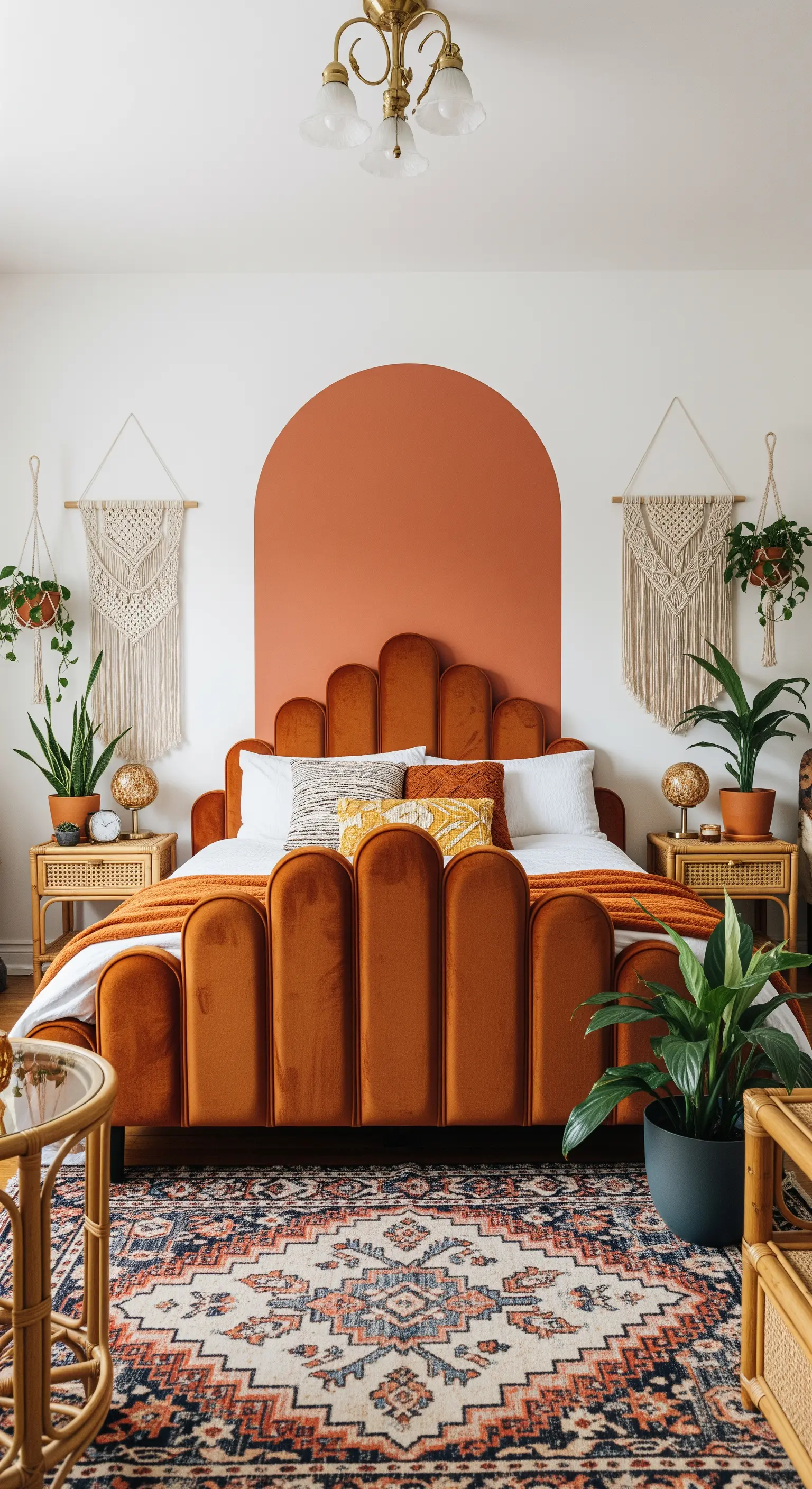 Letto in velluto terracotta con testiera arrotondata e arco dipinto sulla parete.