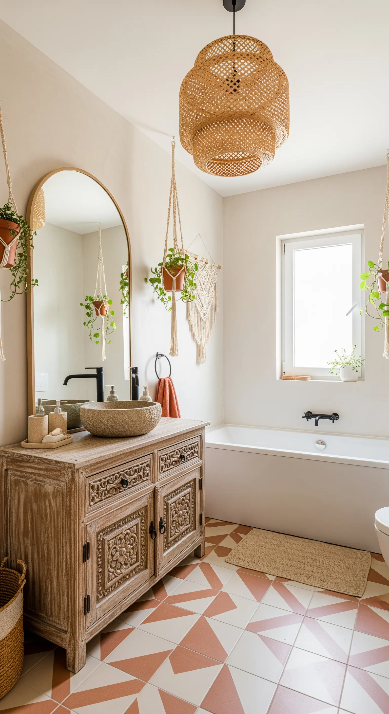Bagno boho con mobile in legno intagliato, piastrelle terracotta e lampada in rattan.