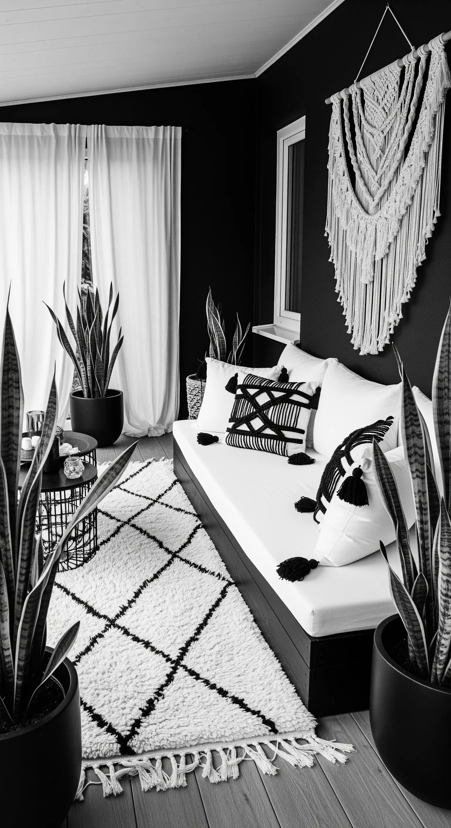 Veranda monocromatica con pareti nere, divano bianco, tappeto a rombi e decorazione in macramè.