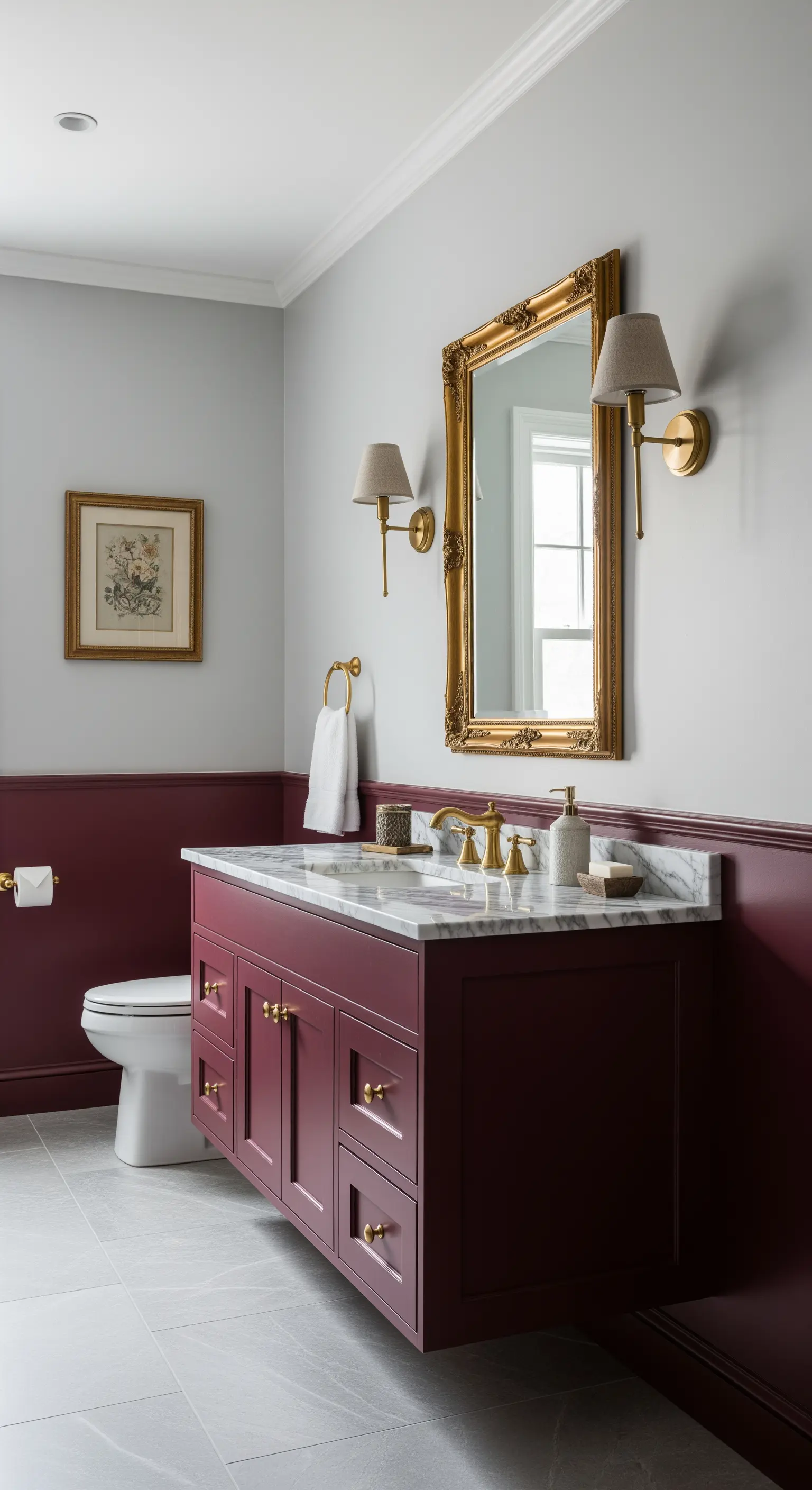 Bagno classico con boiserie color borgogna, top in marmo e specchio dorato.