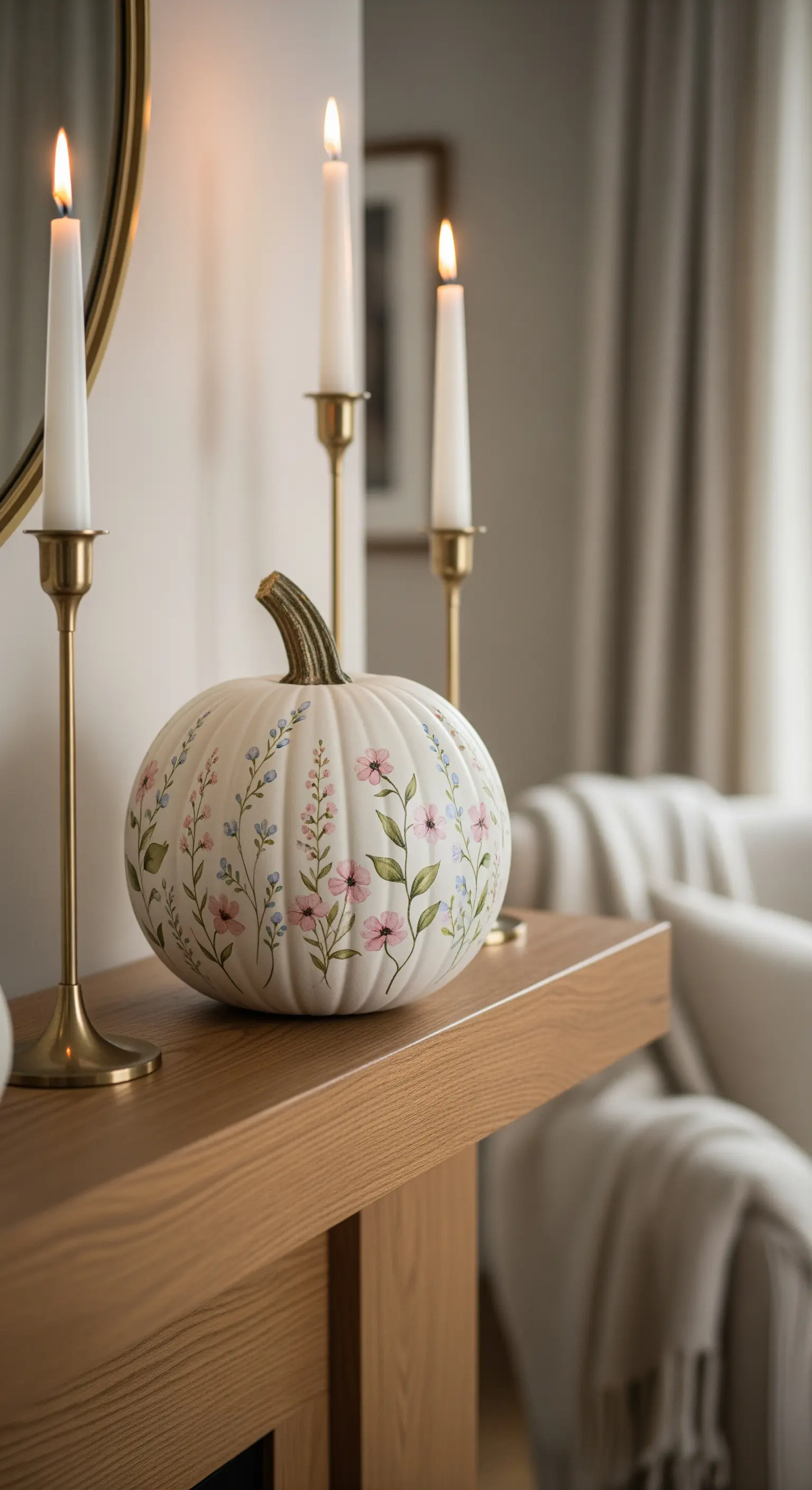 Zucca bianca dipinta a mano con delicati fiori di campo rosa e azzurri, vicino a candelabri dorati.