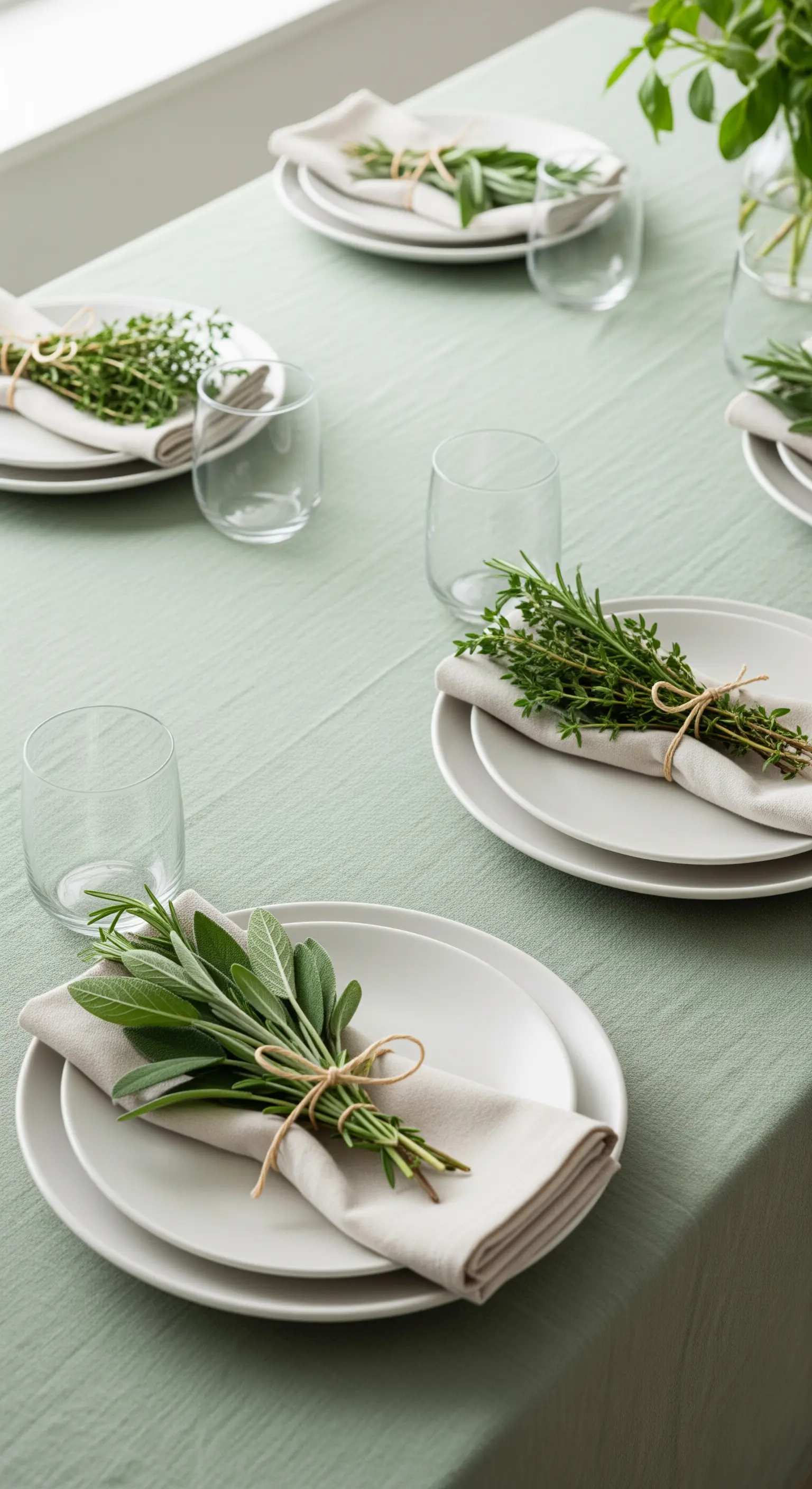 Piatto bianco con tovagliolo e un mazzetto di erbe aromatiche legato con spago