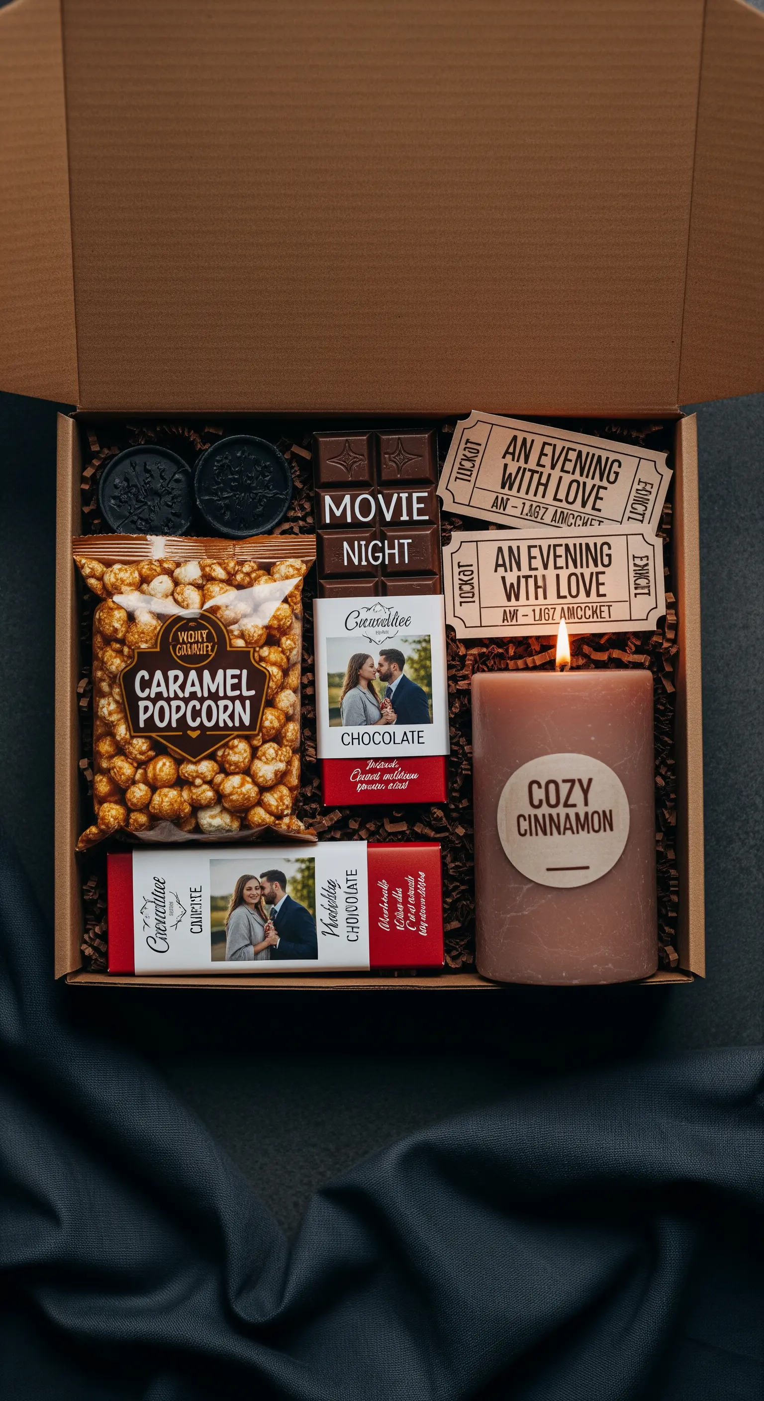 Movie night box per anniversario con popcorn, cioccolato personalizzato, biglietti e candela.