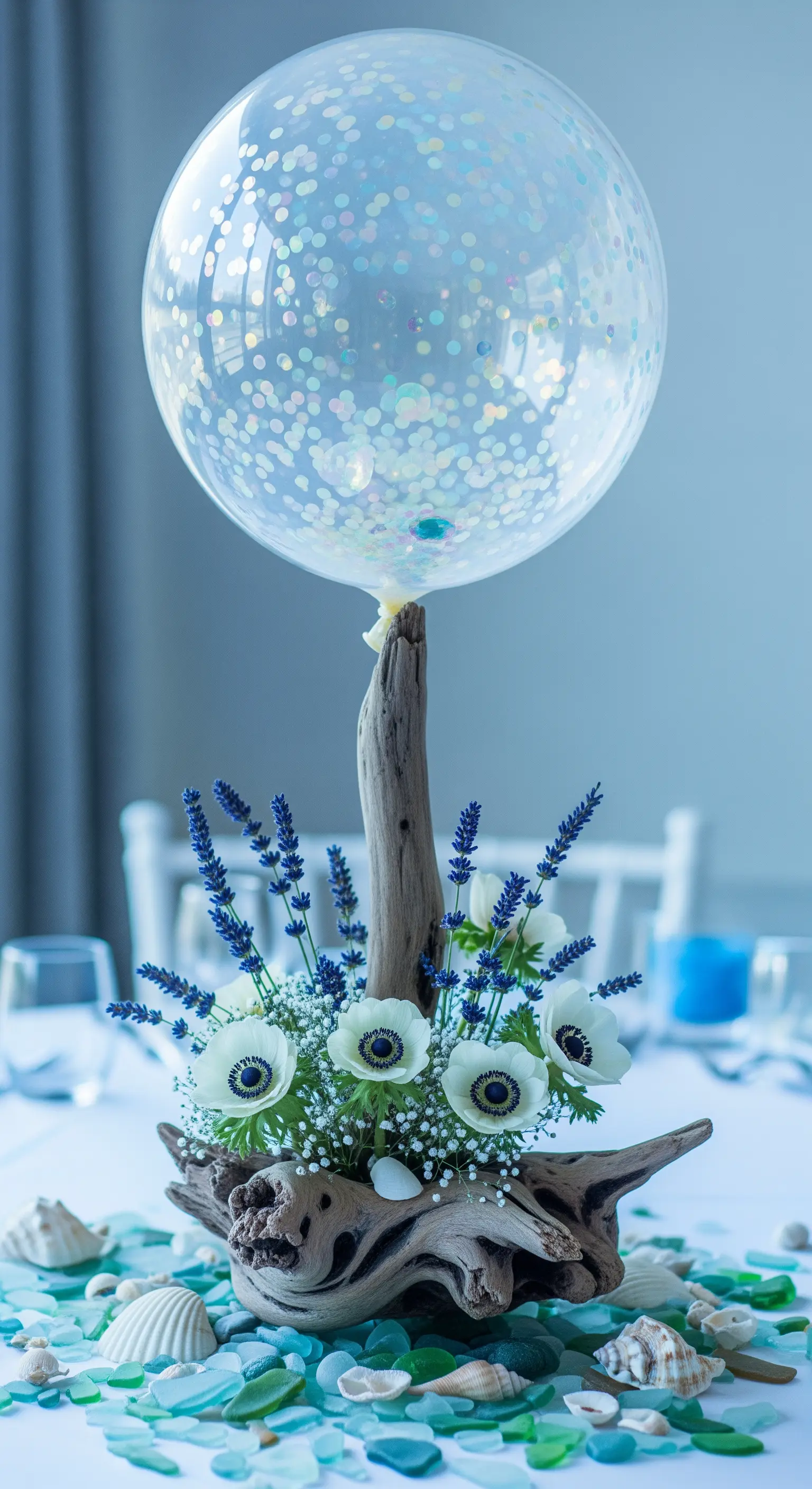 Centrotavola a tema marino con legno levigato, anemoni, lavanda e palloncino con glitter.