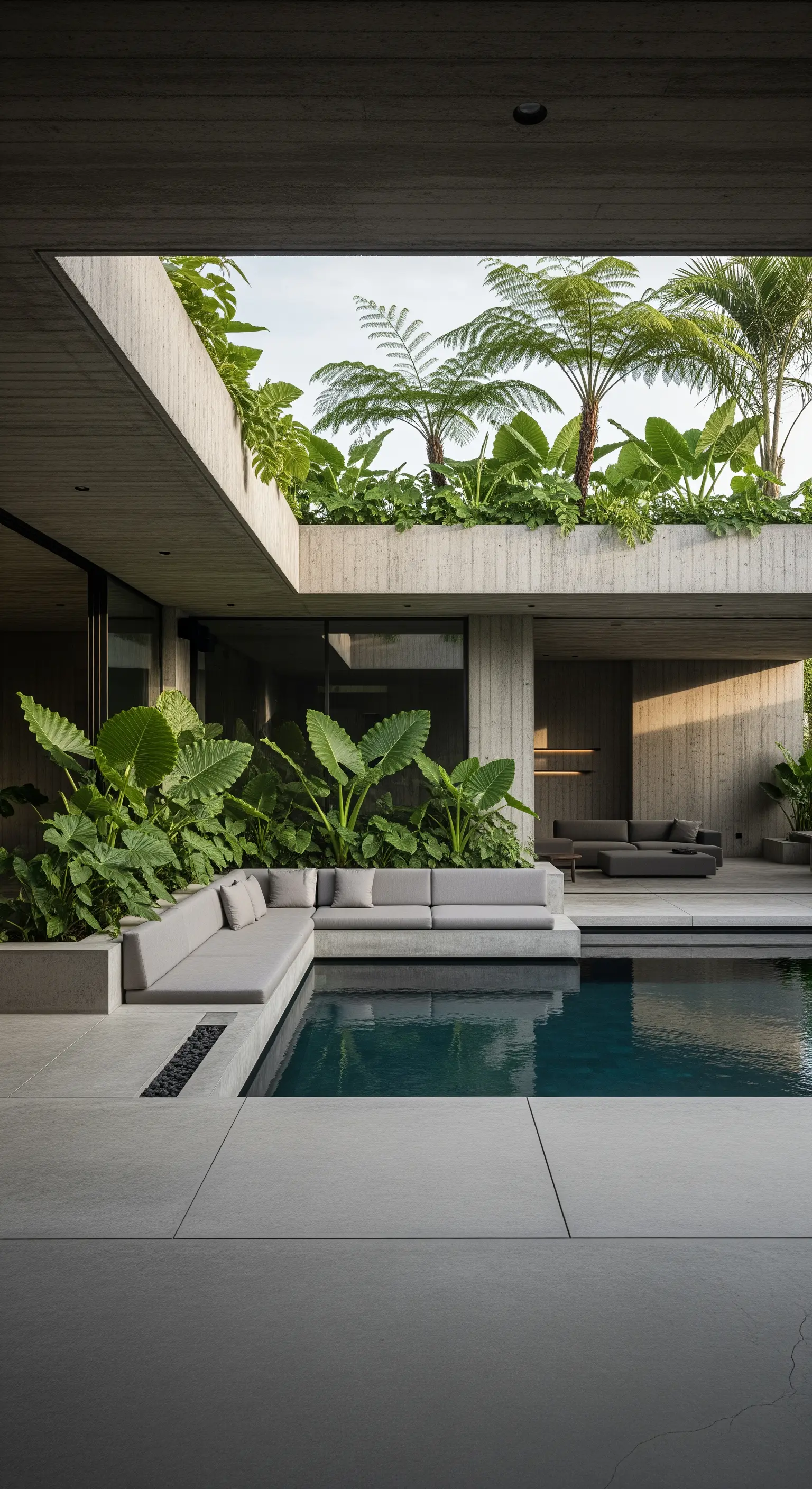 Piscina in un patio di cemento a vista con grandi piante tropicali integrate nell'architettura