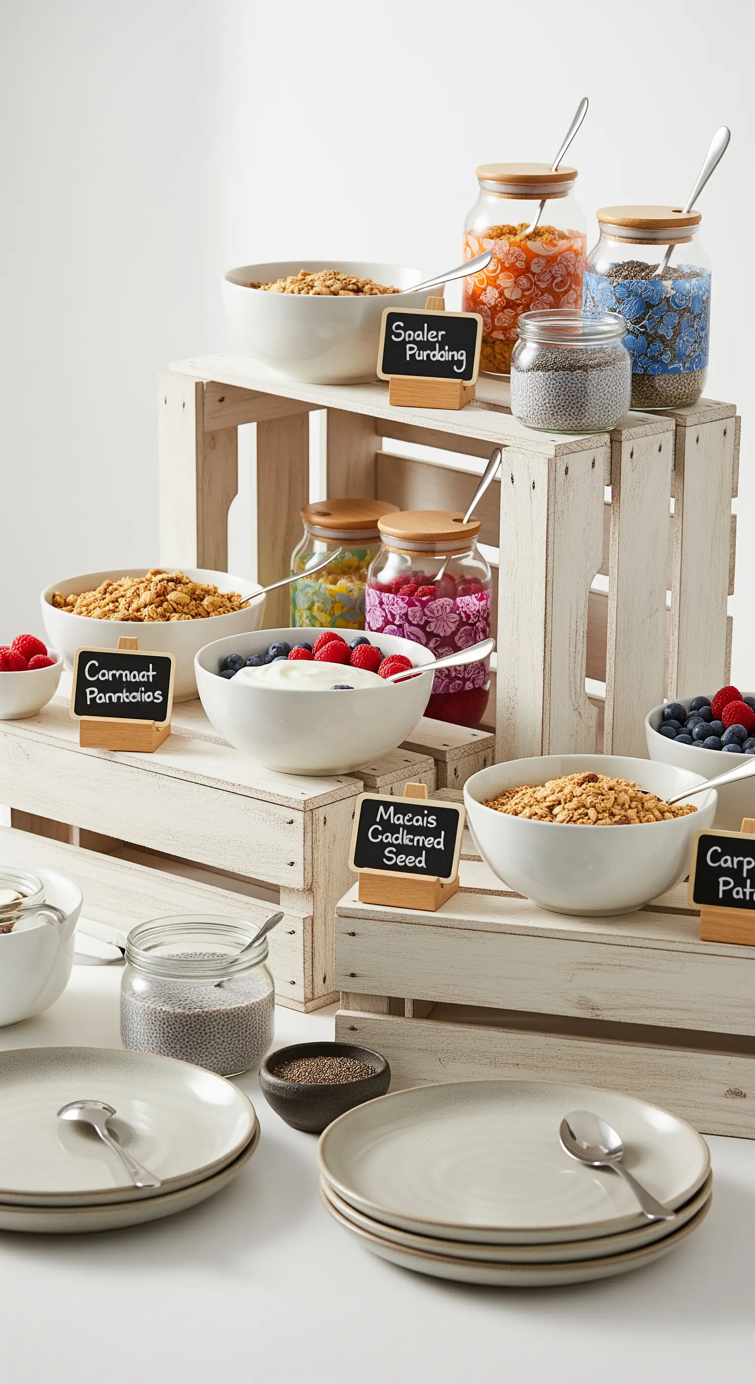 Buffet per la colazione con yogurt e granola, allestito su cassette di legno bianche e lavagnette.