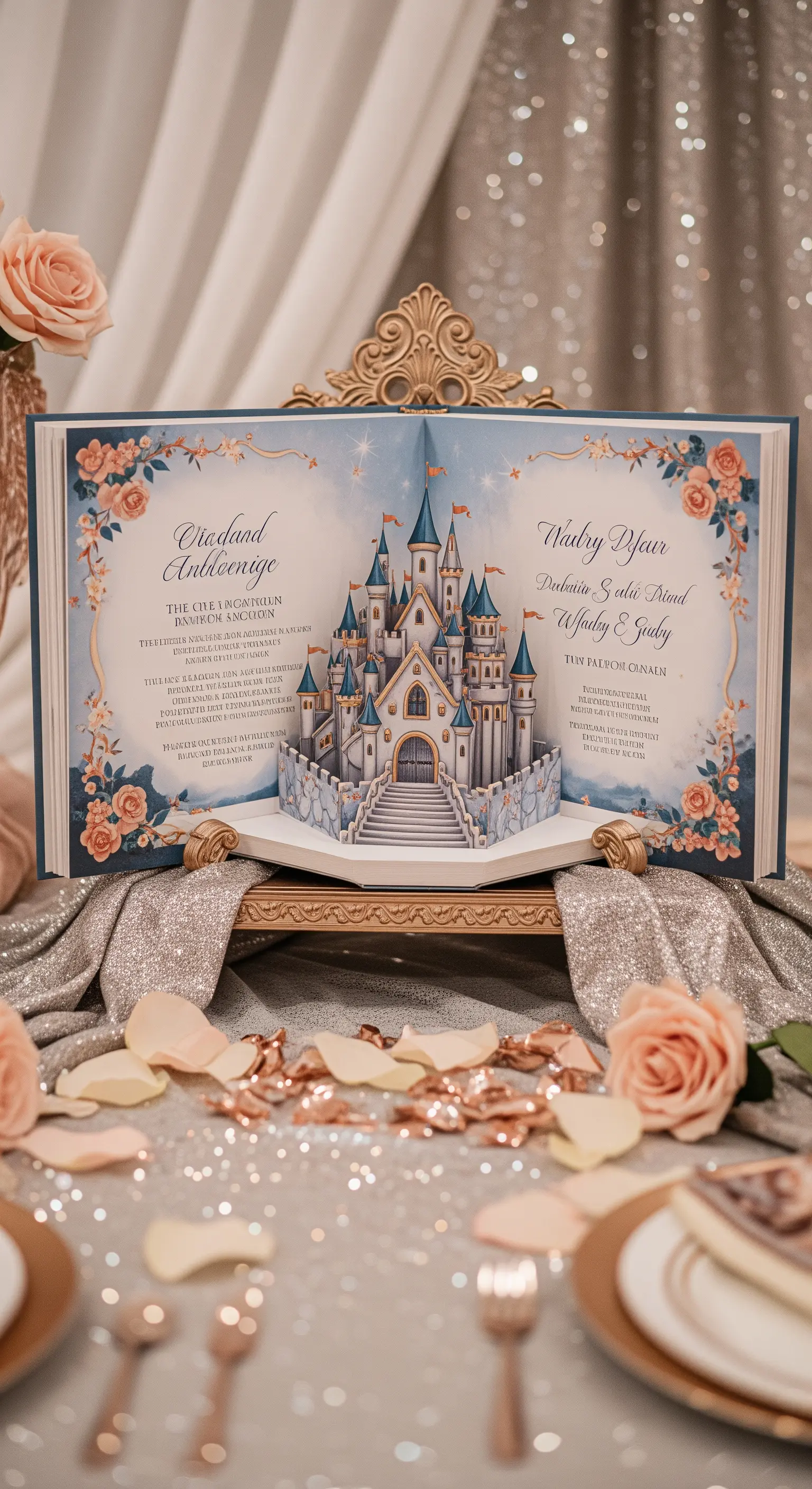 Invito a forma di libro di fiabe pop-up con un castello tridimensionale, decorato con rose.