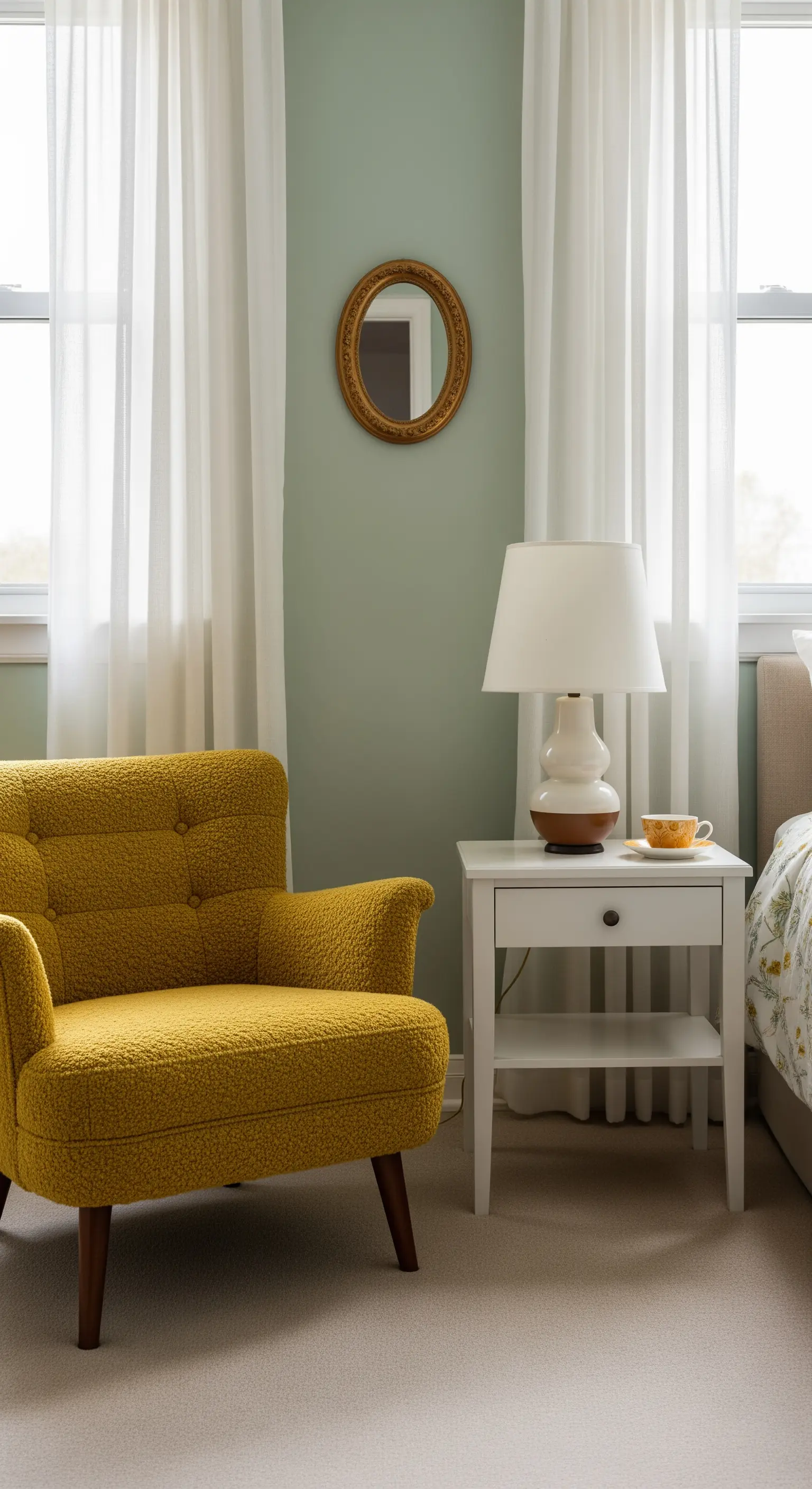 Poltroncina bouclé senape in una camera da letto con parete verde salvia e comodino bianco.