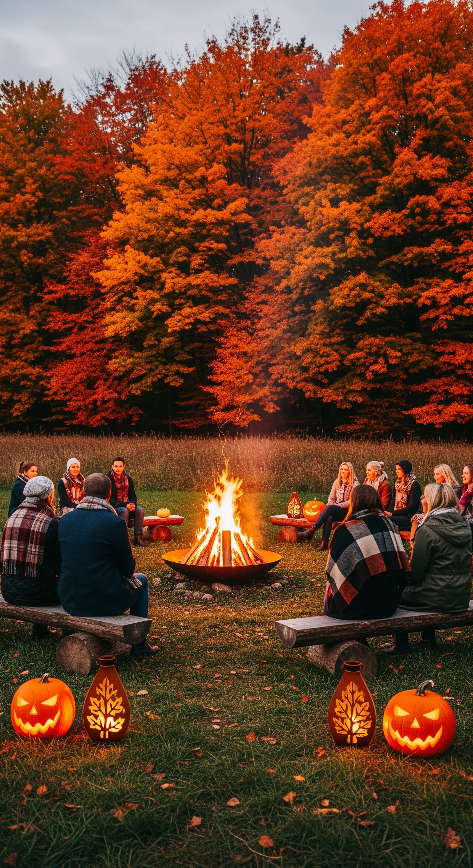 Gruppo di persone attorno a un fuoco in un bosco autunnale, con lanterne a forma di zucca.
