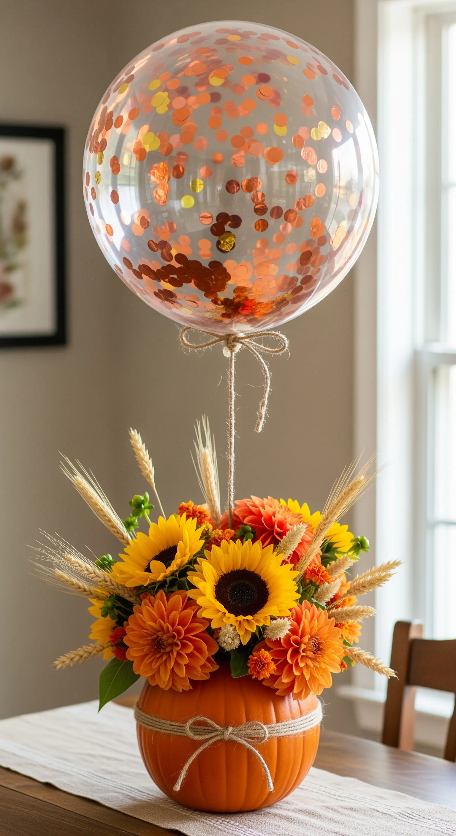 Centrotavola autunnale con una zucca come vaso, girasoli e un palloncino con coriandoli rame.