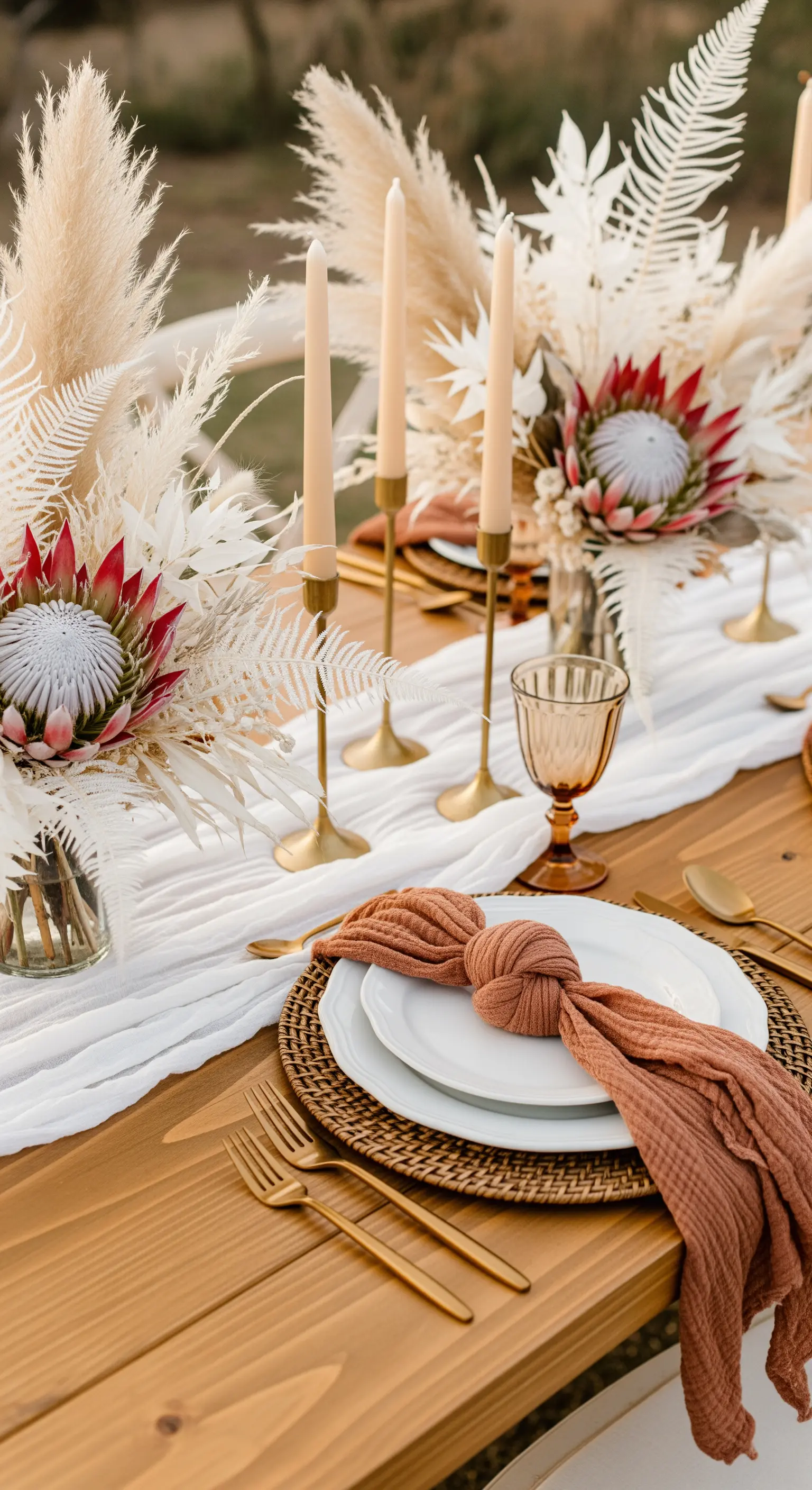 Tavola da matrimonio boho-chic con pampas, protee e runner in garza color terracotta.