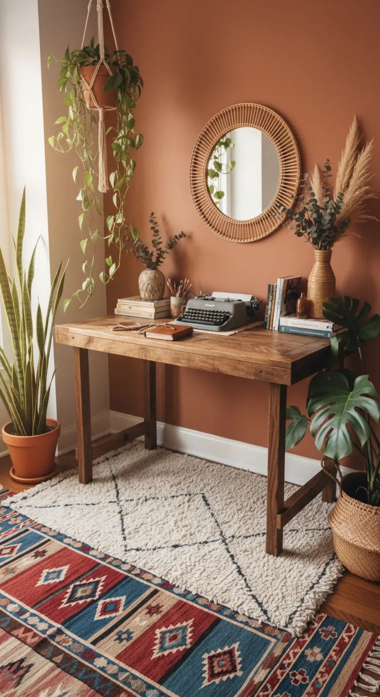 Scrivania in legno rustico contro una parete color terracotta, con piante e tappeti etnici.