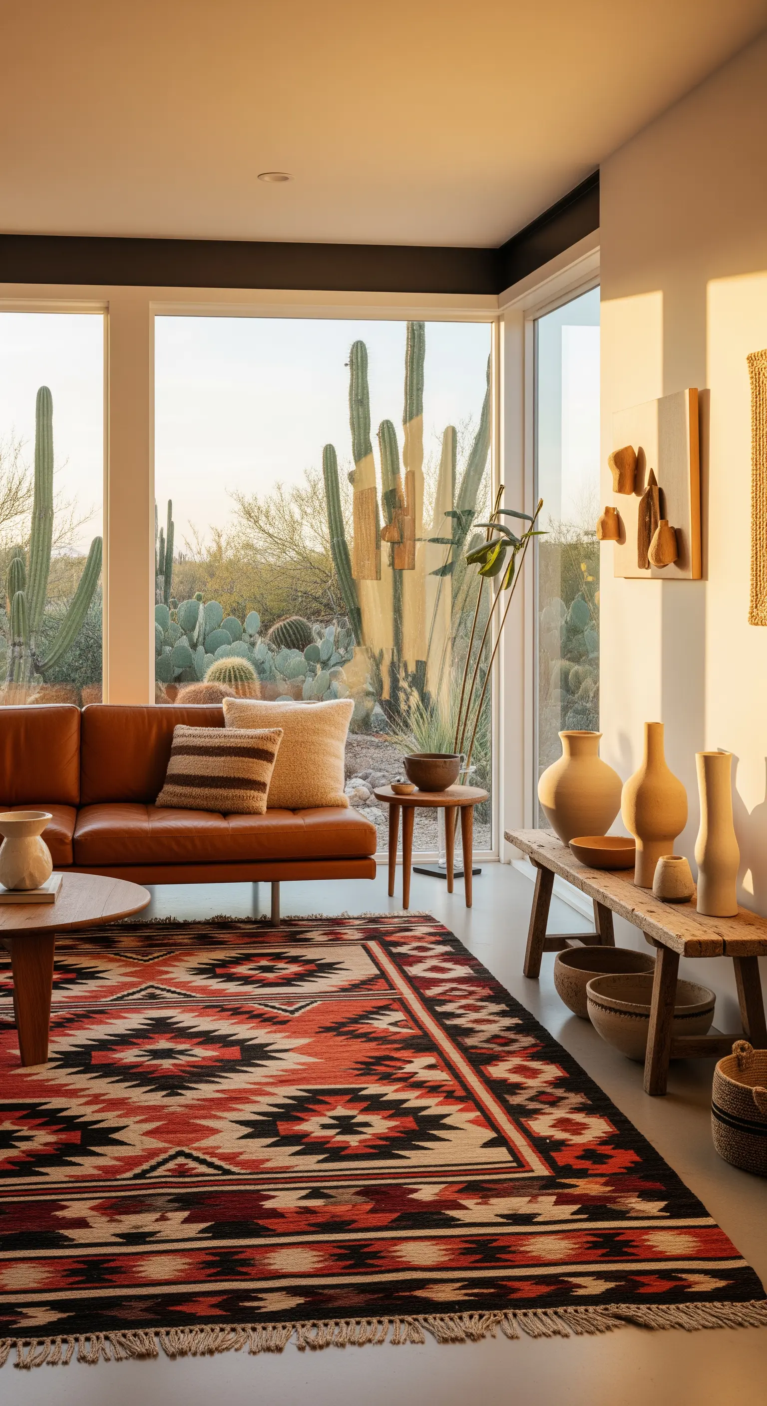 Salotto desert-modern con divano in pelle, tappeto kilim e vista su un giardino di cactus.