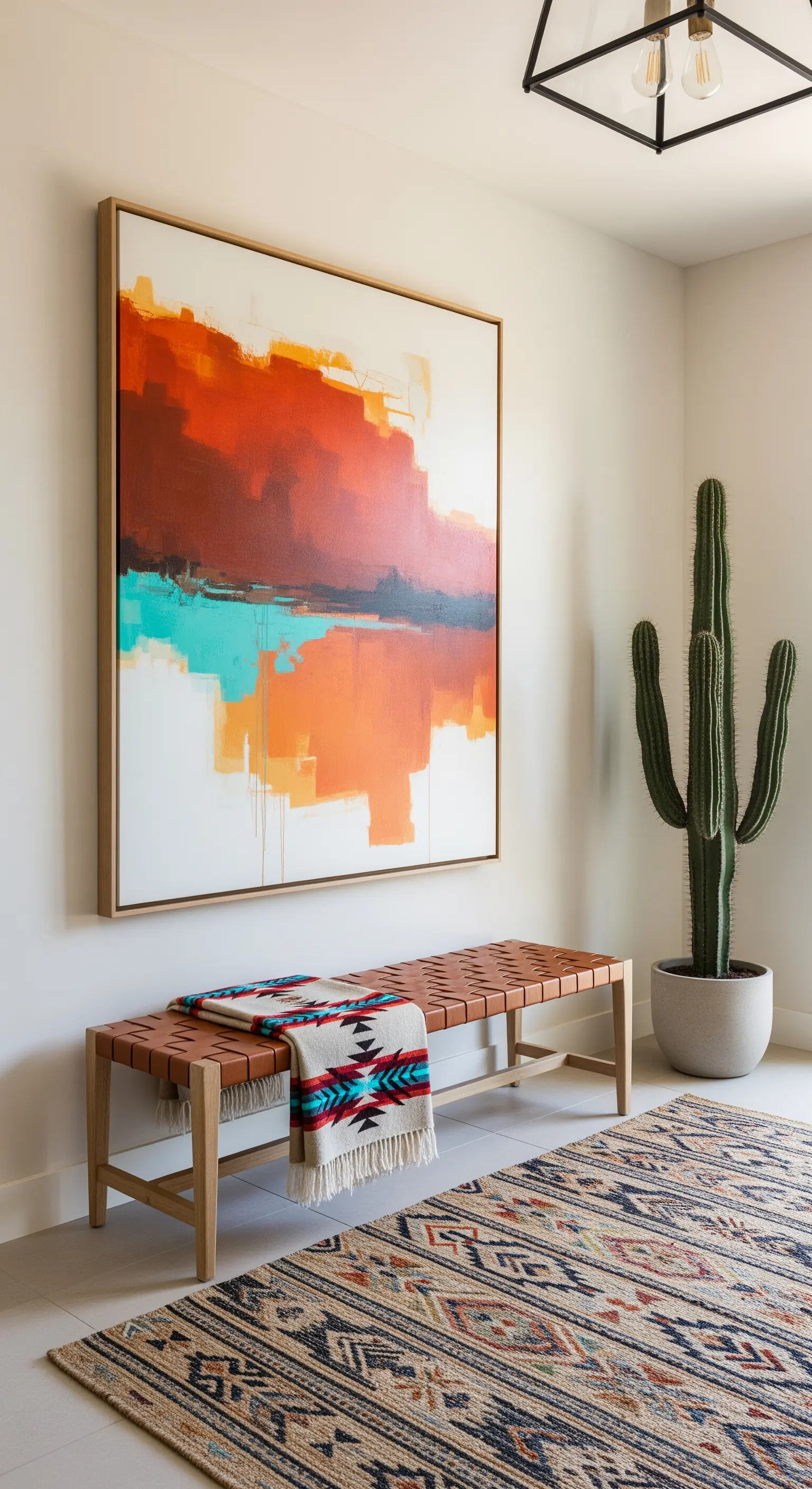 Ingresso in stile desert-modern con panca in cuoio, grande quadro astratto e un cactus.