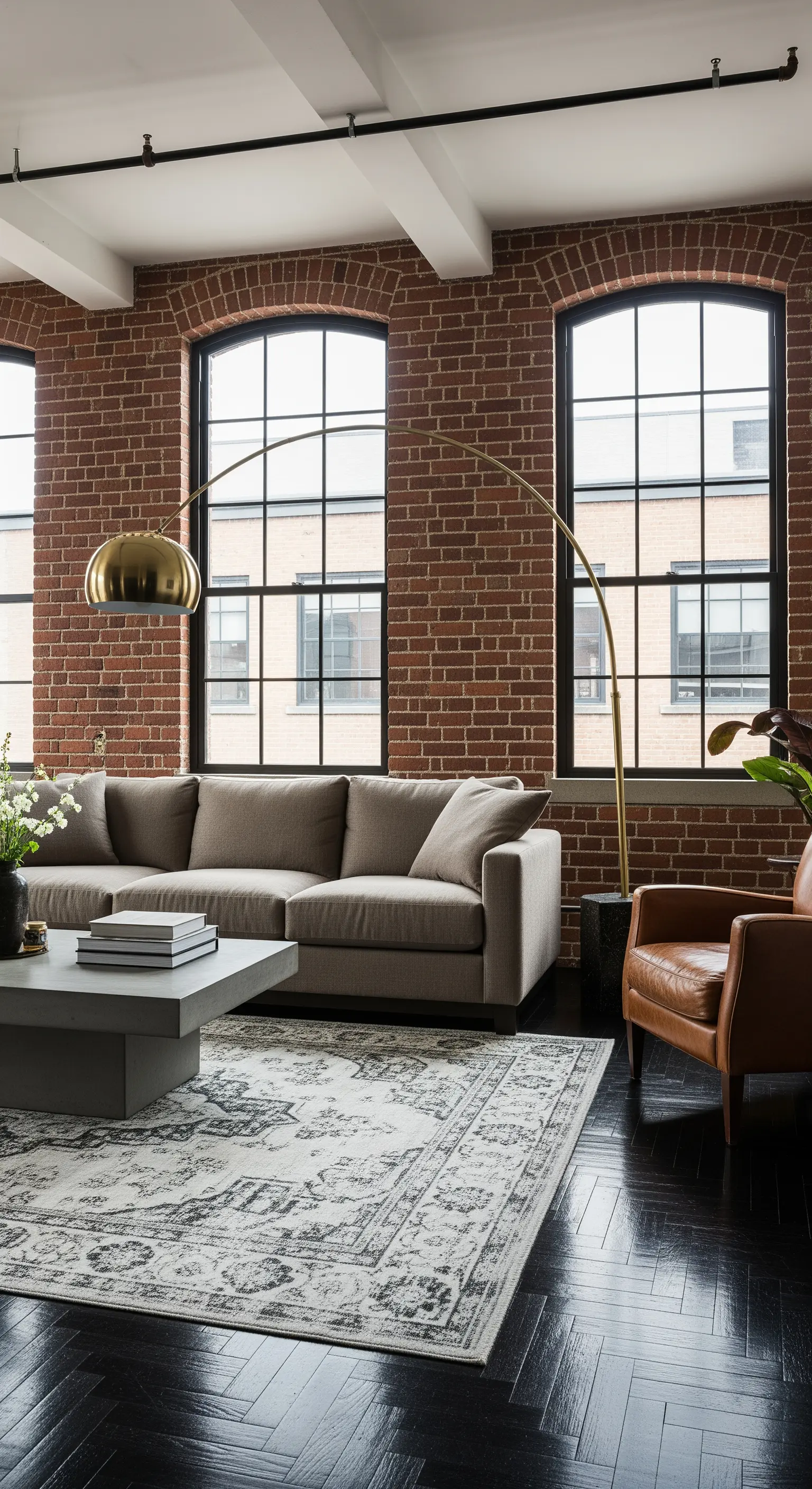 Loft con pareti in mattoni, pavimento scuro e tappeto chiaro con lampada ad arco in ottone