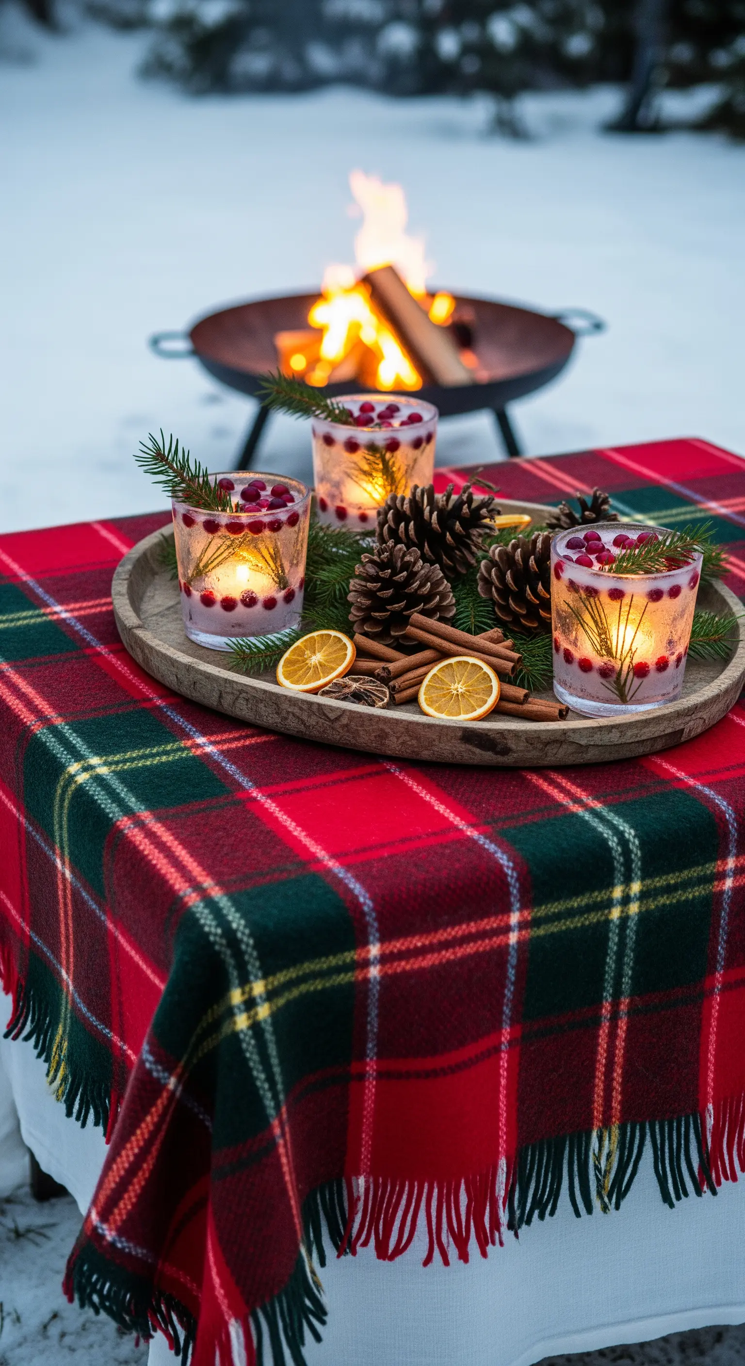 Tavolo invernale con coperta scozzese, pigne e candele con bacche rosse.