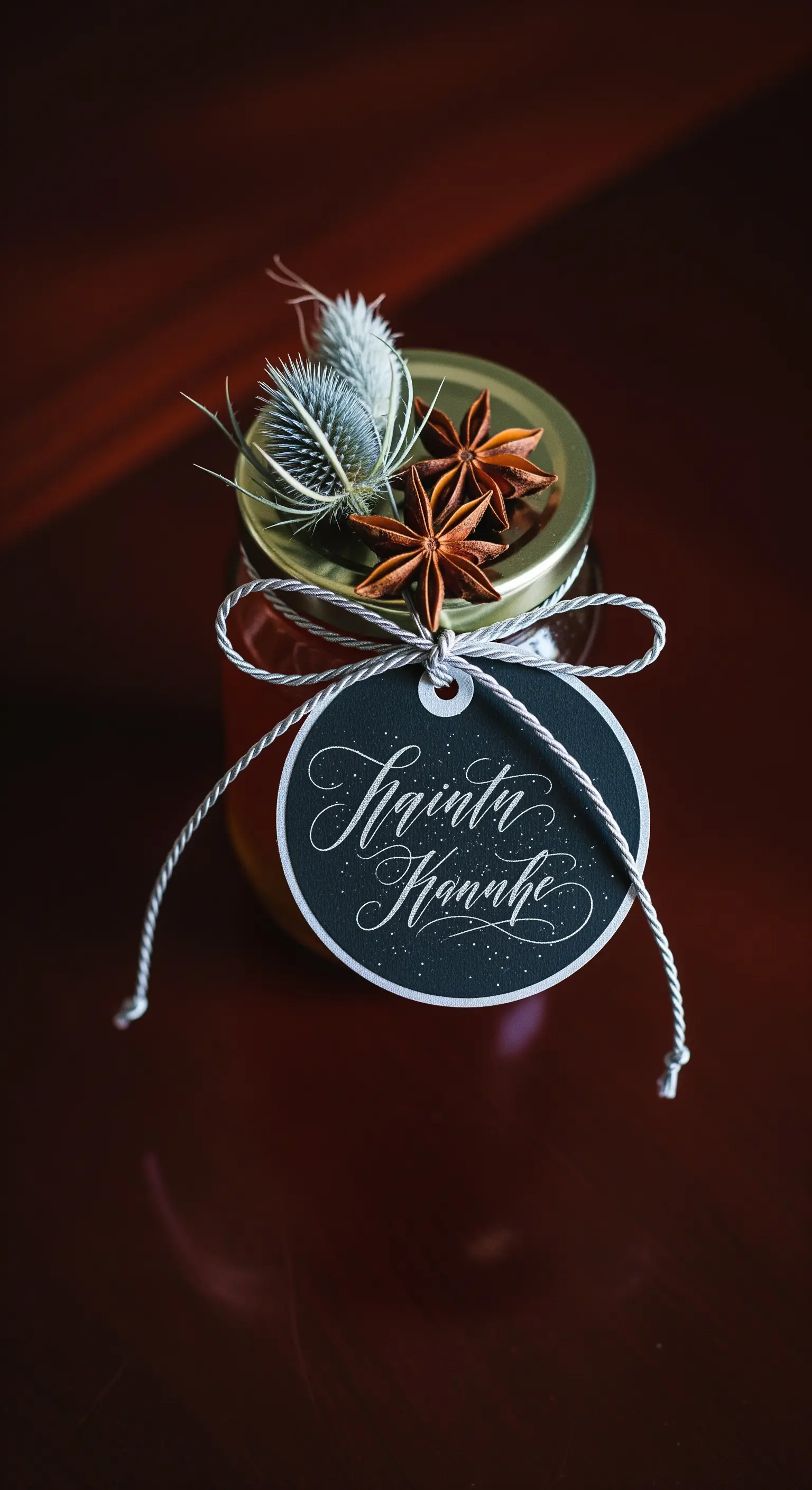 Vasetto di miele decorato con anice stellato, cardo secco e un'etichetta scura calligrafata.