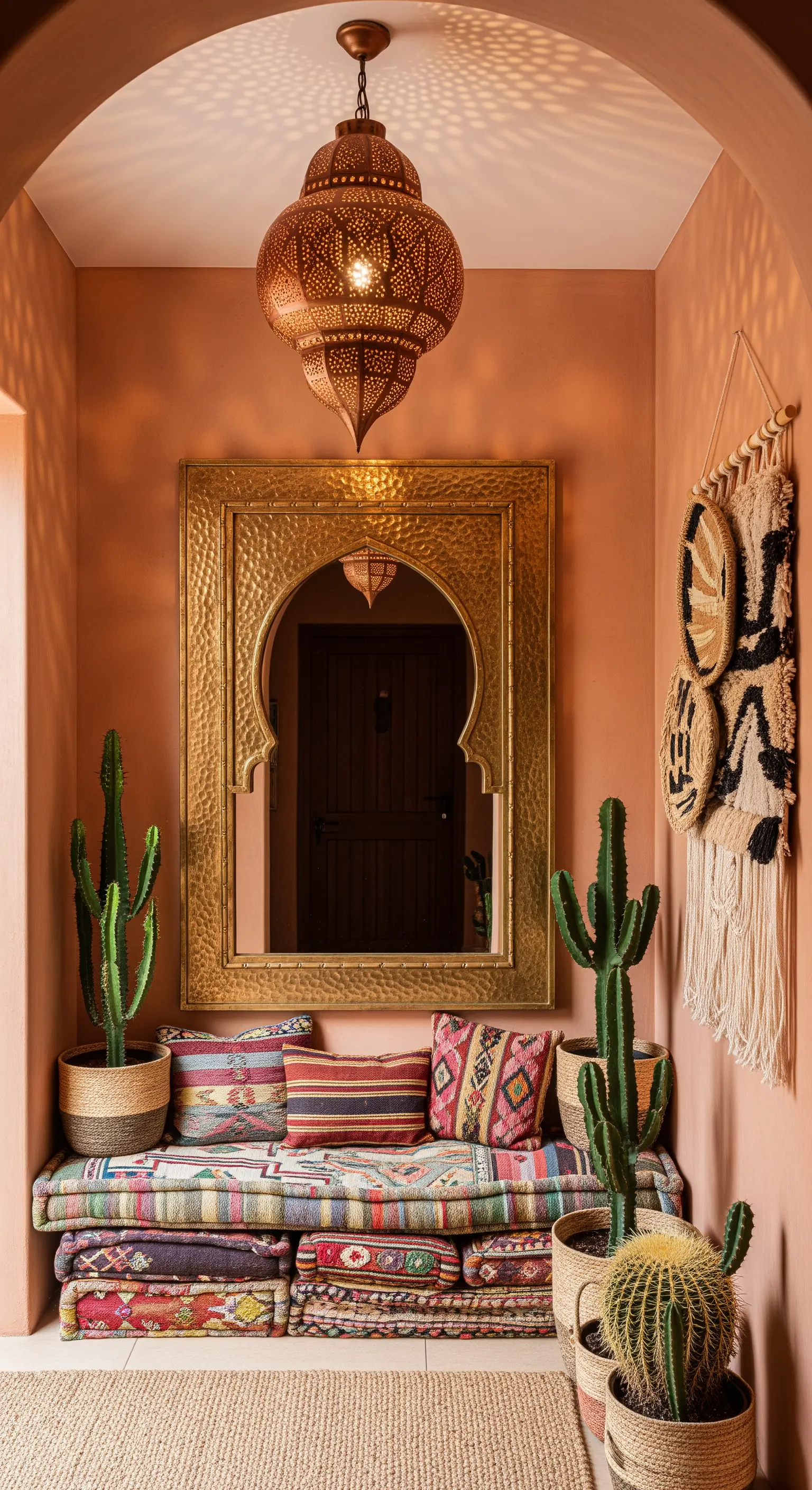 Ingresso in stile marocchino con pareti color terracotta, specchio dorato e lanterna traforata.