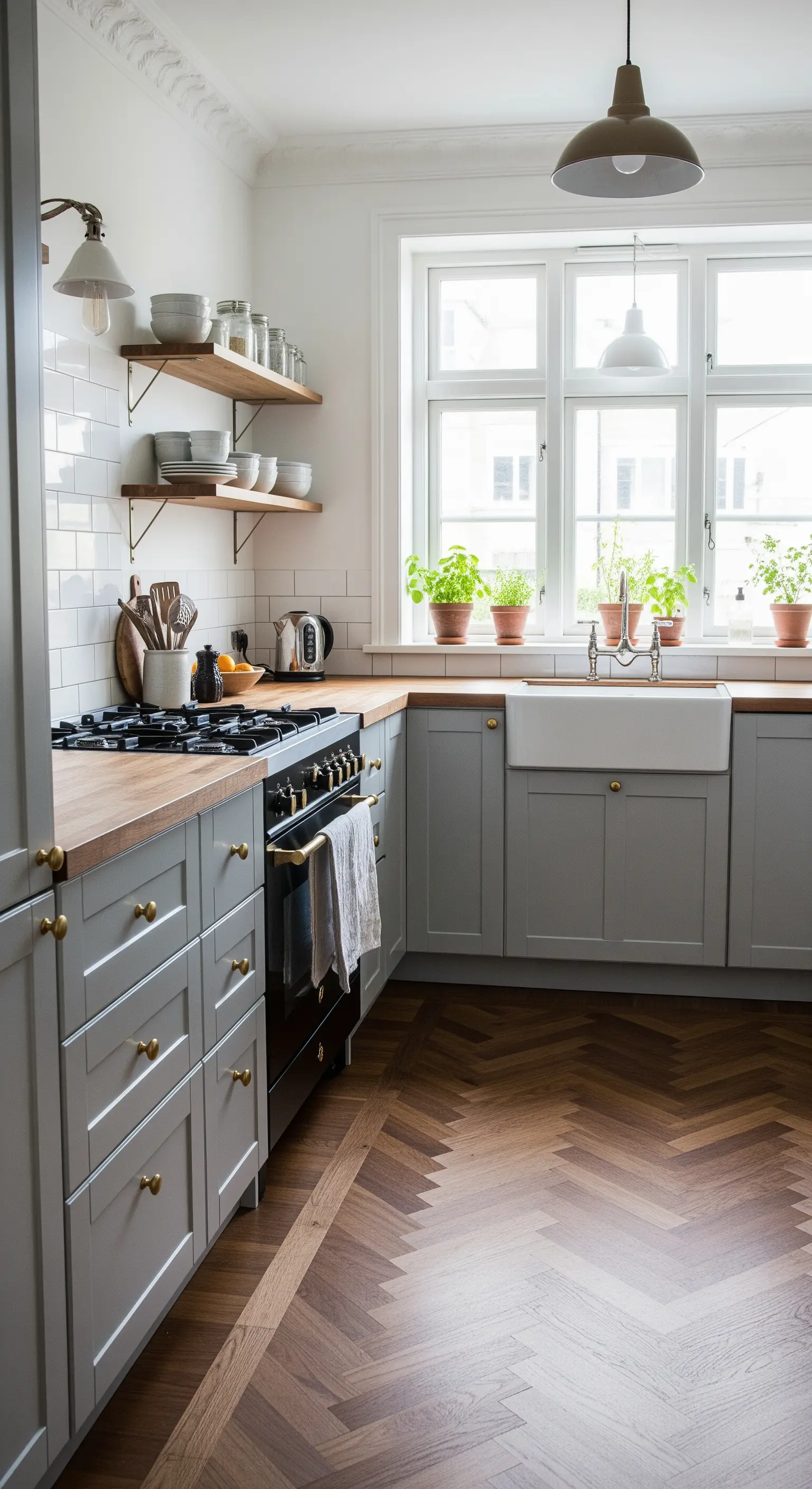Cucina in stile rustico-moderno con mobili grigi, top in legno e pavimento a spina di pesce.