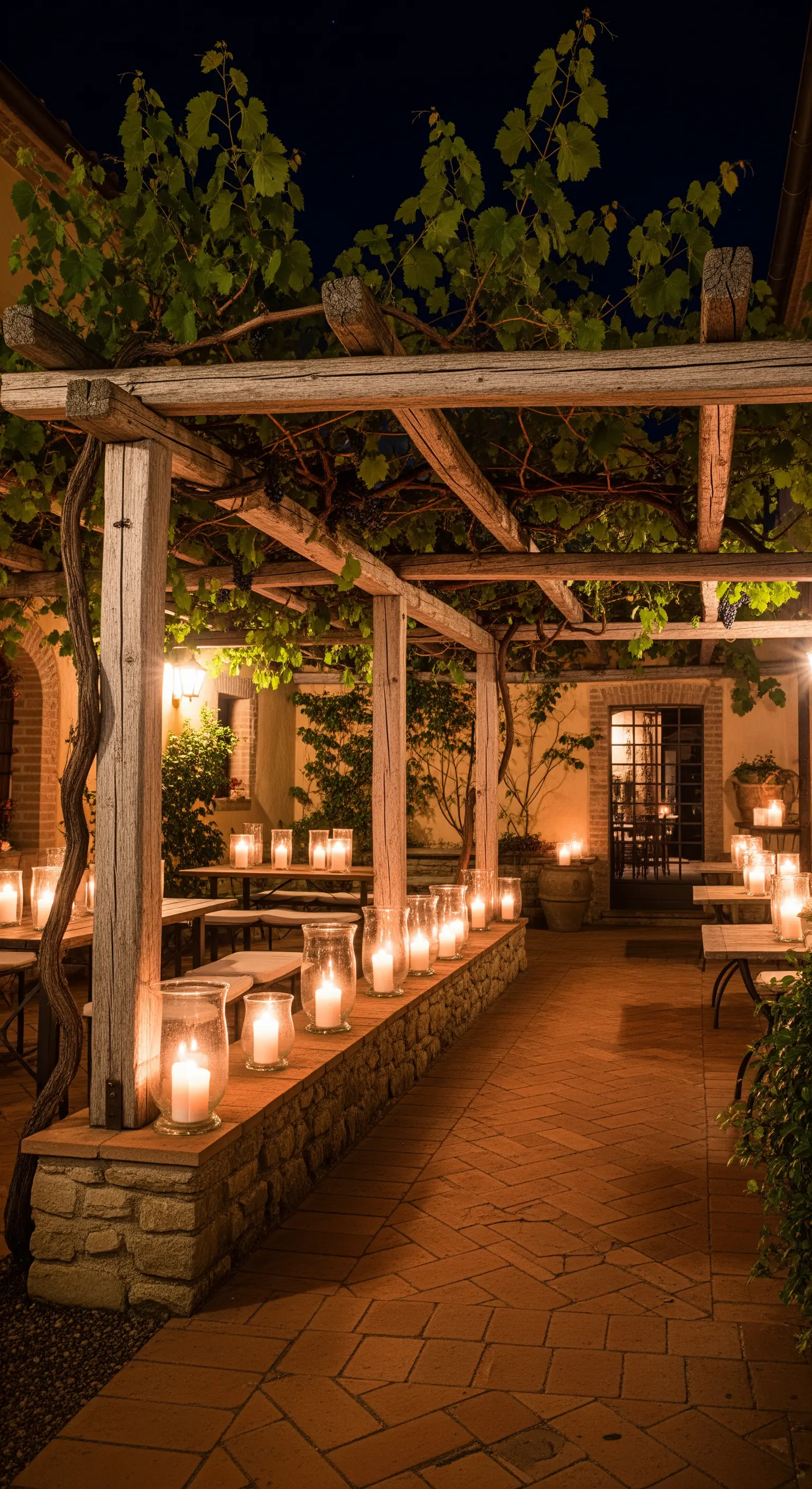 Patio in cotto sotto un pergolato di vite, illuminato da decine di candele in vasi di vetro.