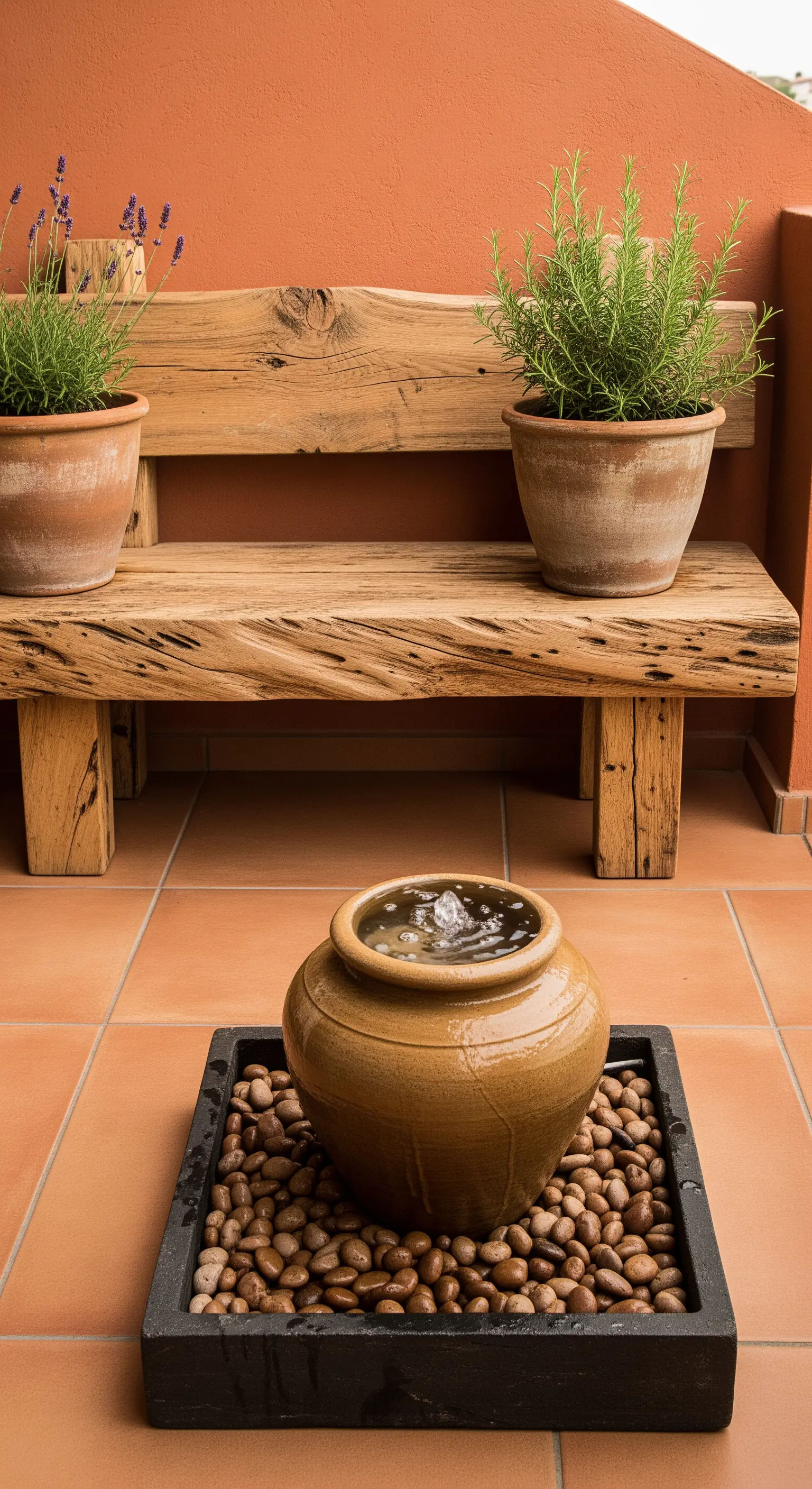 Balcone rustico con panca in legno, piante aromatiche e una fontana in un'anfora di terracotta.