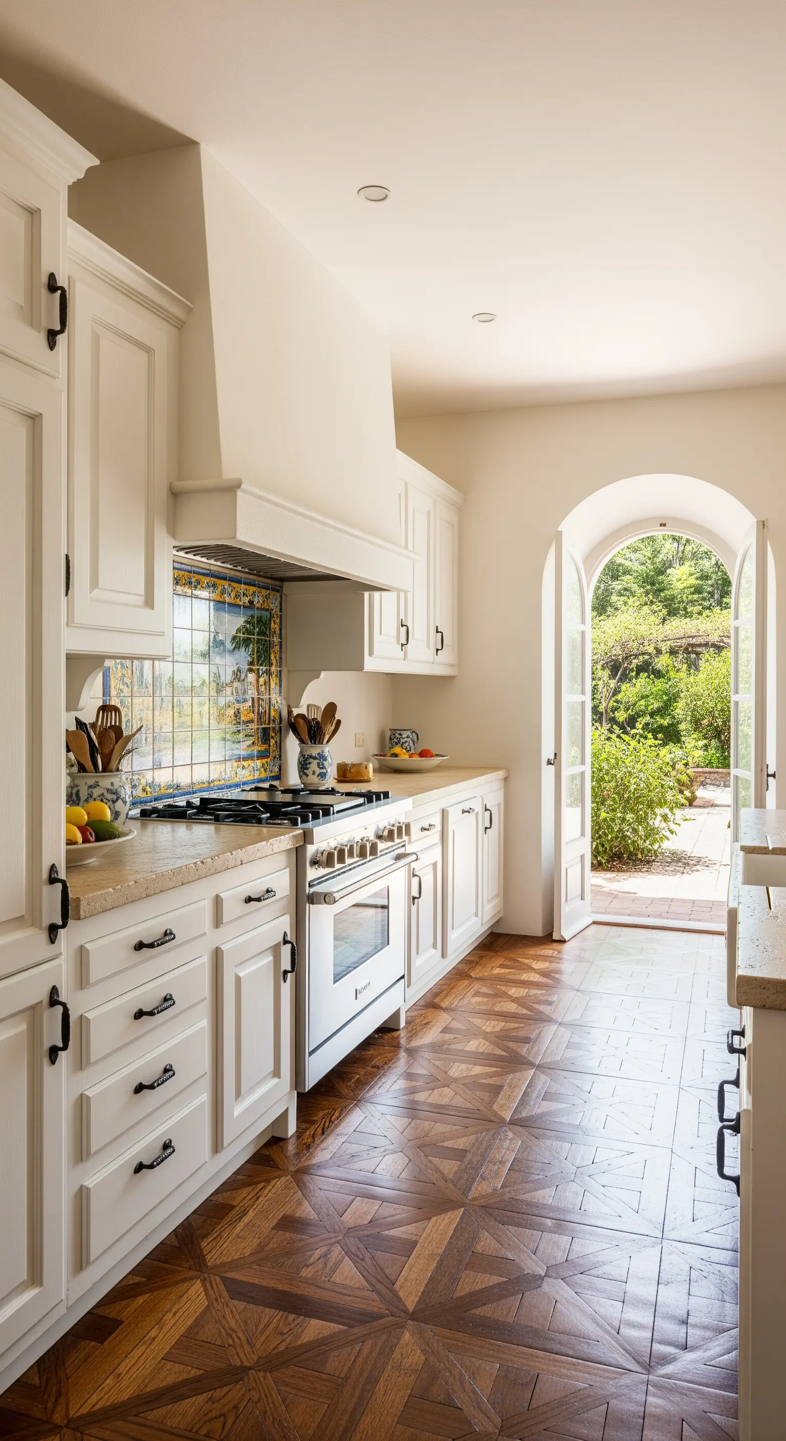 Cucina in stile mediterraneo con piastrelle decorate, mobili bianco panna e porta ad arco sul giardino.