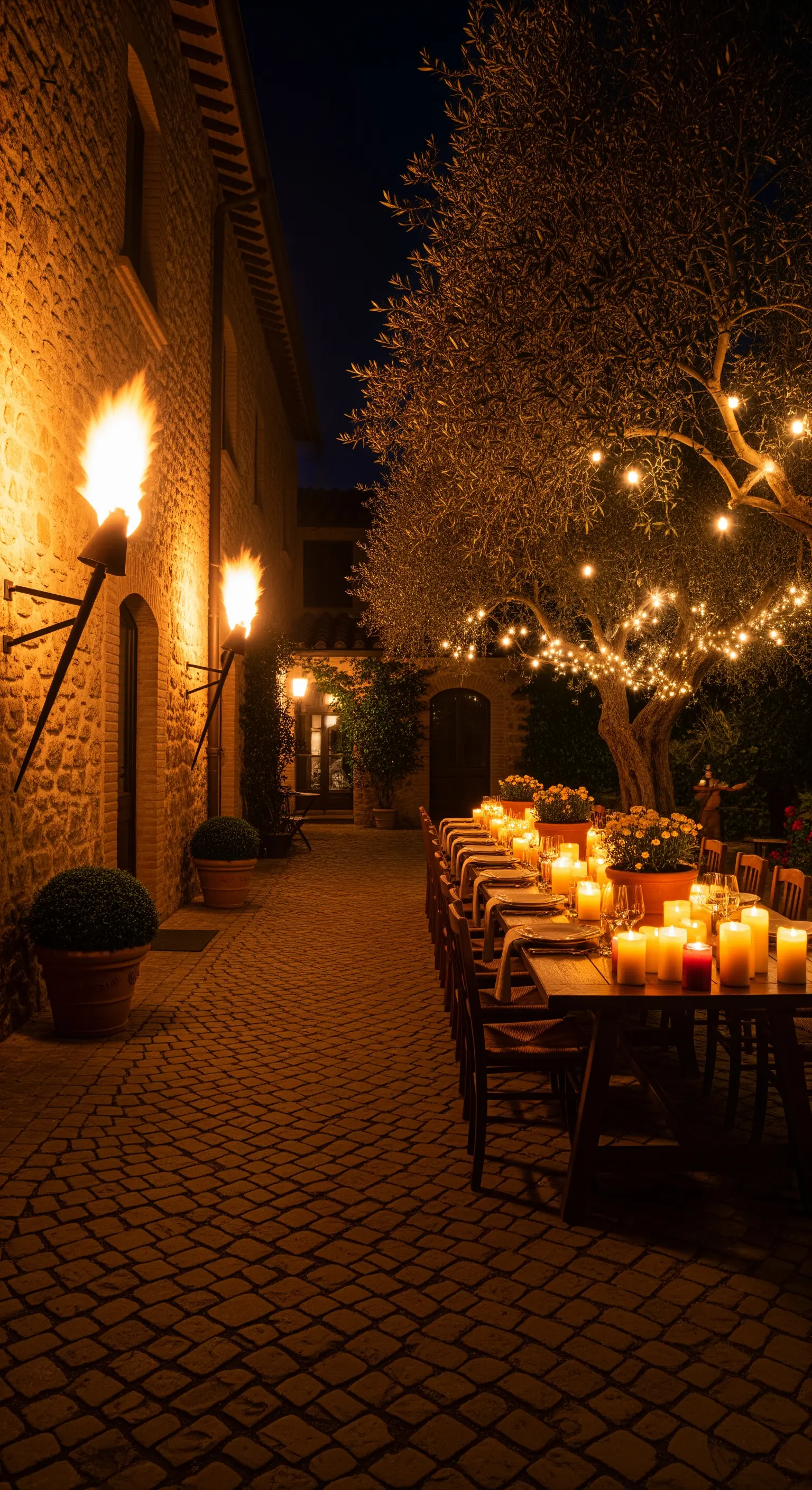 Tavolata in un cortile rustico illuminata da torce, candele e lucine su un albero d'ulivo.