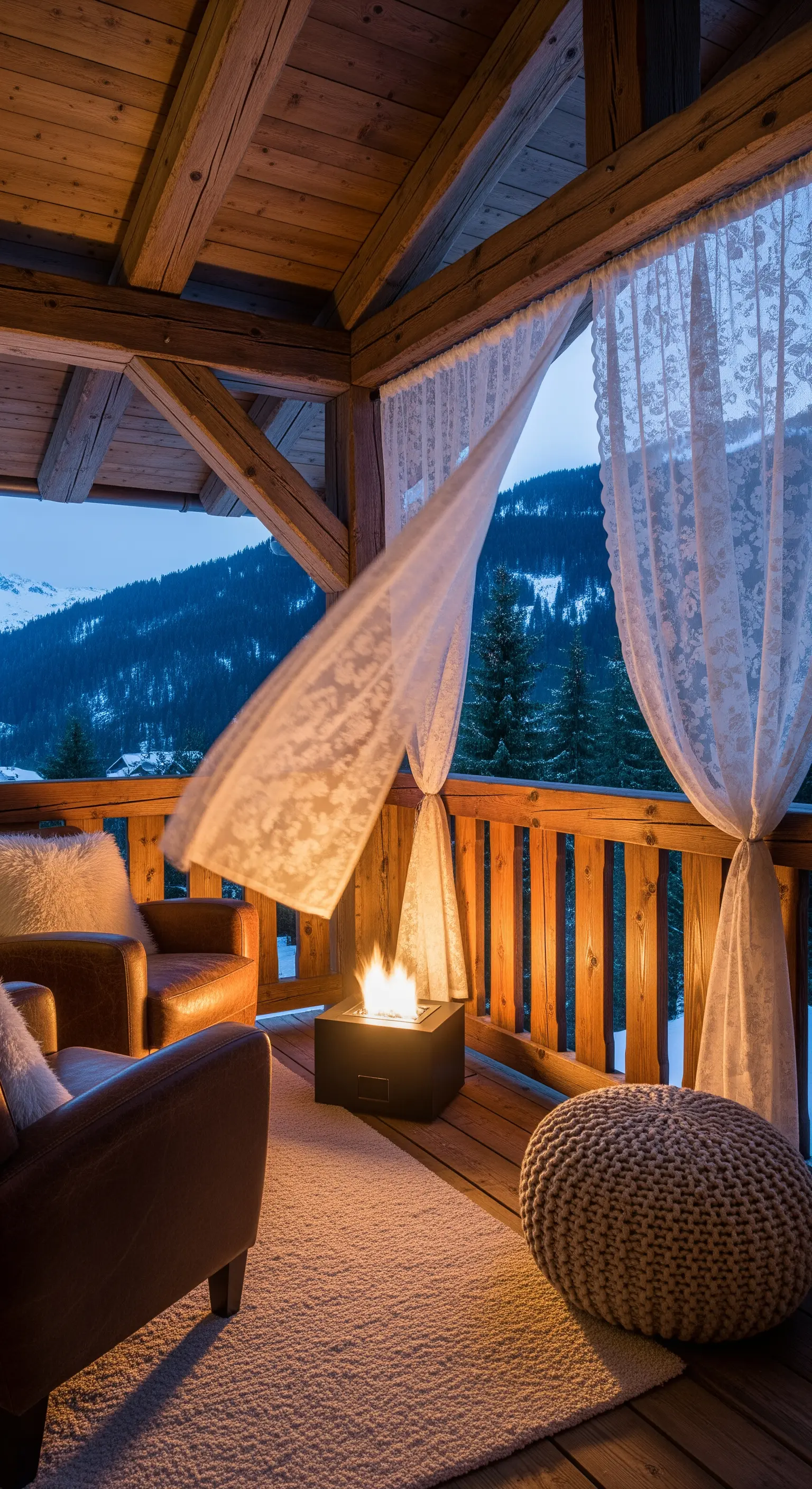 Balcone di montagna in legno con poltrone in pelle, tende in pizzo e un piccolo braciere acceso.