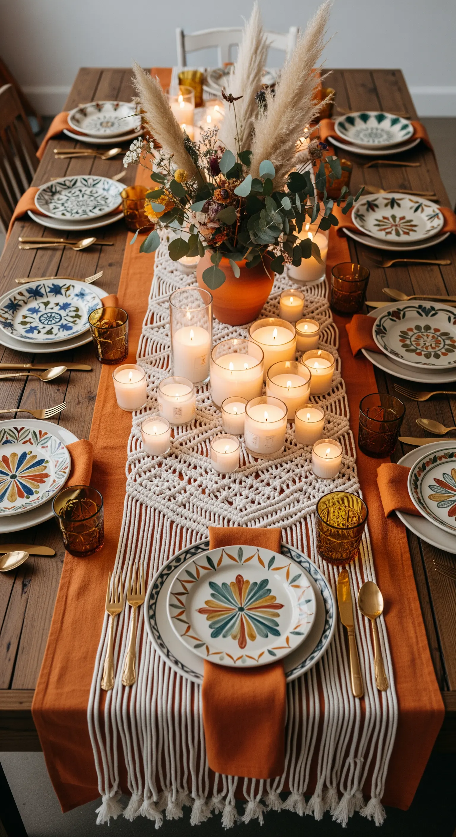 Tavola boho con runner in macramè, tante candele accese e piatti con motivi etnici colorati