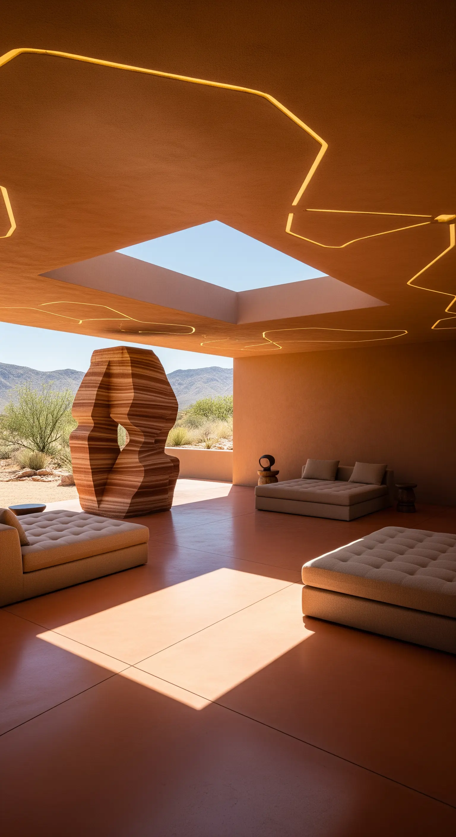 Living desertico con pavimento in resina terracotta, scultura in legno e lucernario.