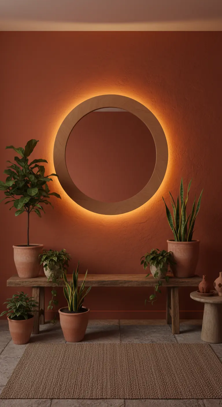 Specchio rotondo retroilluminato su parete color terracotta, circondato da piante in vaso.