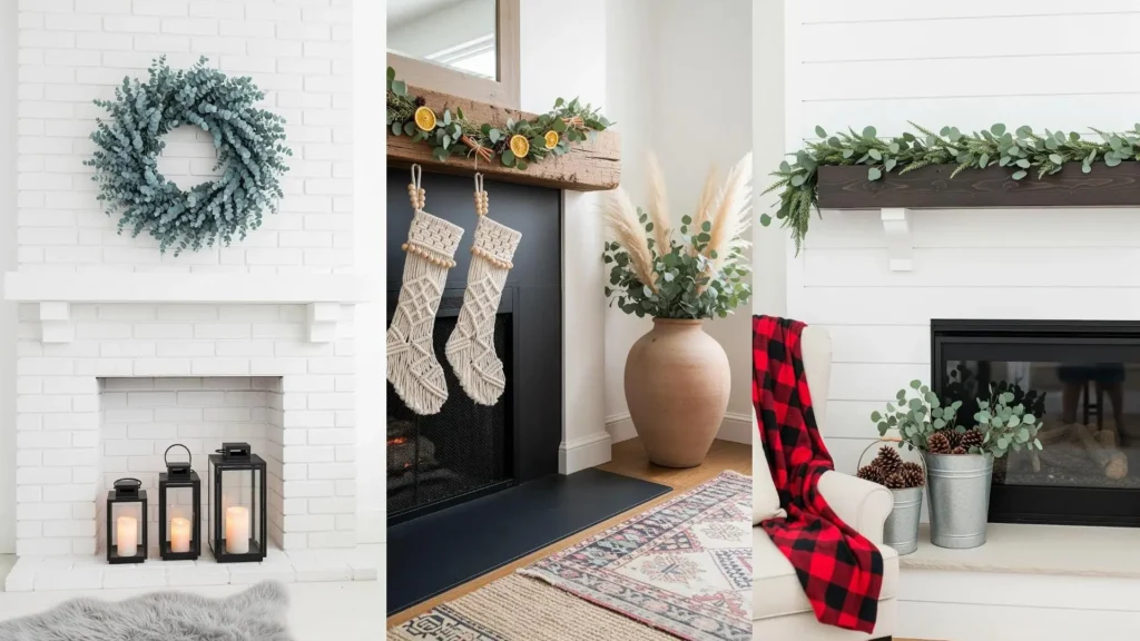 Un accogliente camino rustico adornato con ghirlanda di eucalipto e decorazioni natalizie festive.