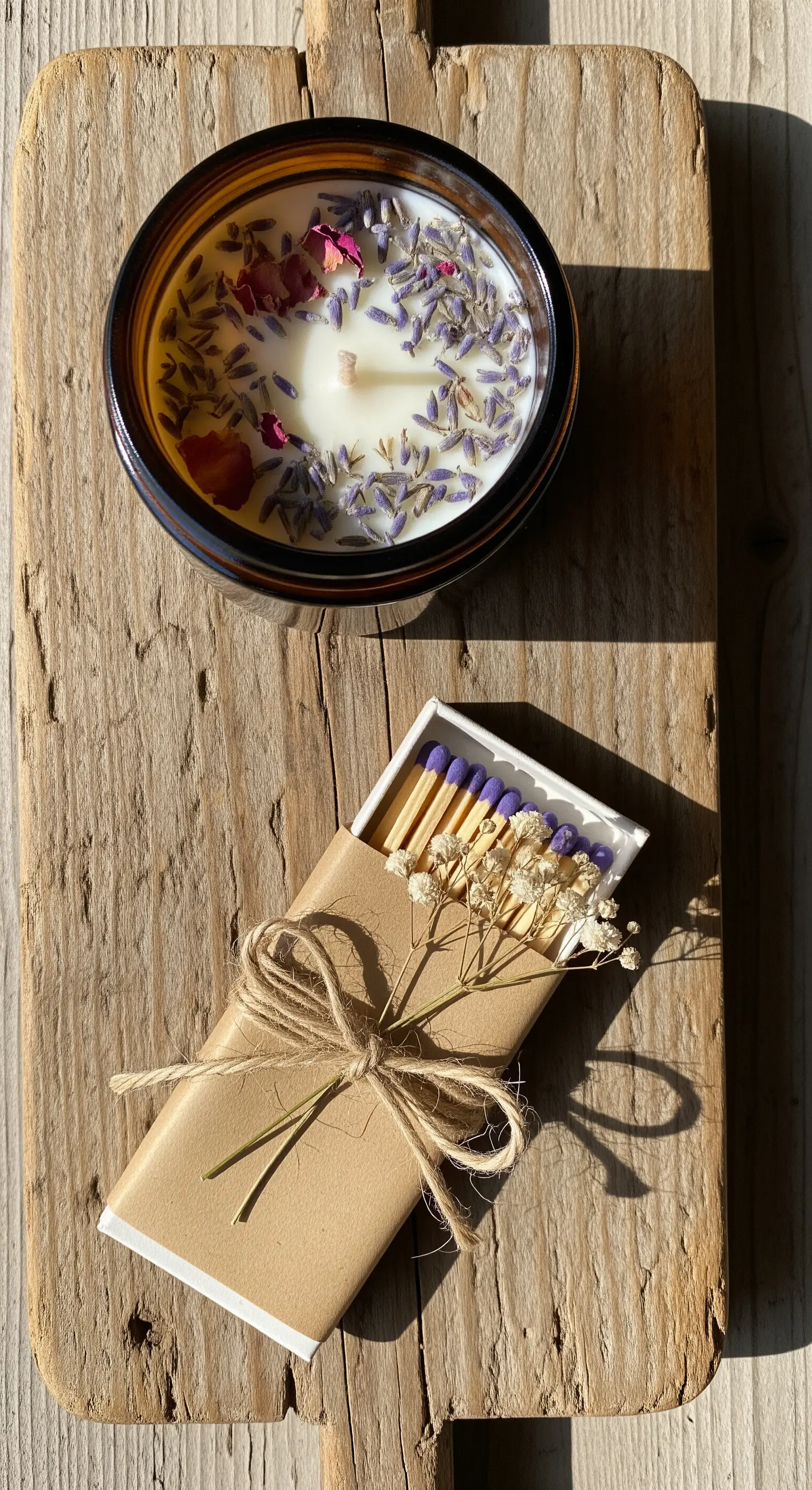 Candela artigianale con lavanda e petali di rosa, accanto a fiammiferi avvolti in carta kraft.