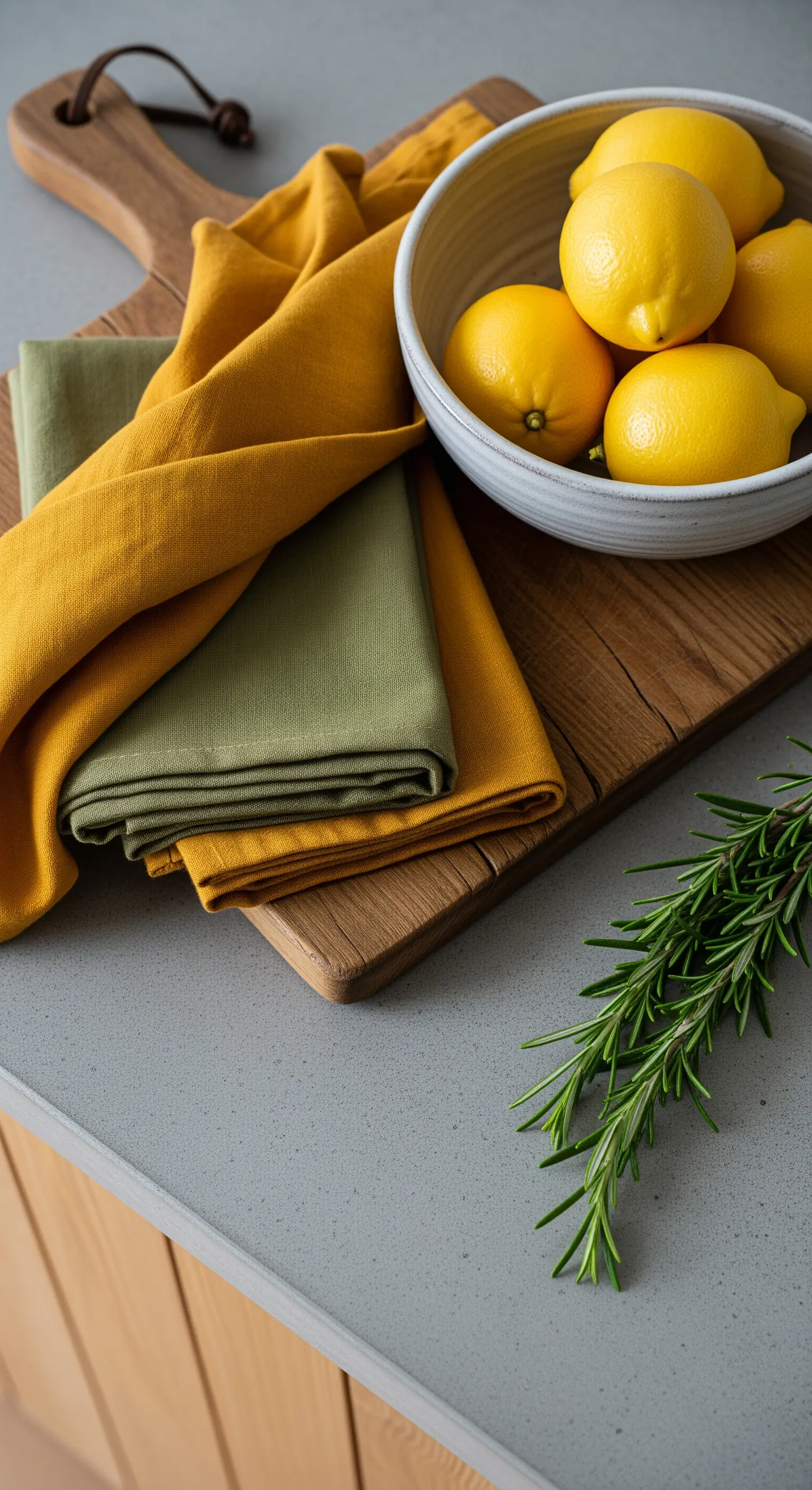 Canovacci in lino senape e verde oliva piegati su un tagliere di legno.