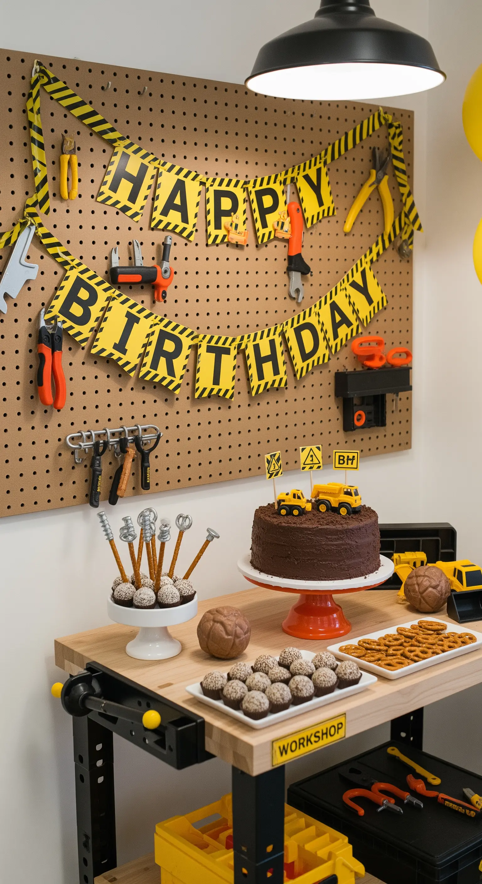 Tavolo da lavoro con buffet a tema cantiere: torta con ruspe e attrezzi giocattolo.