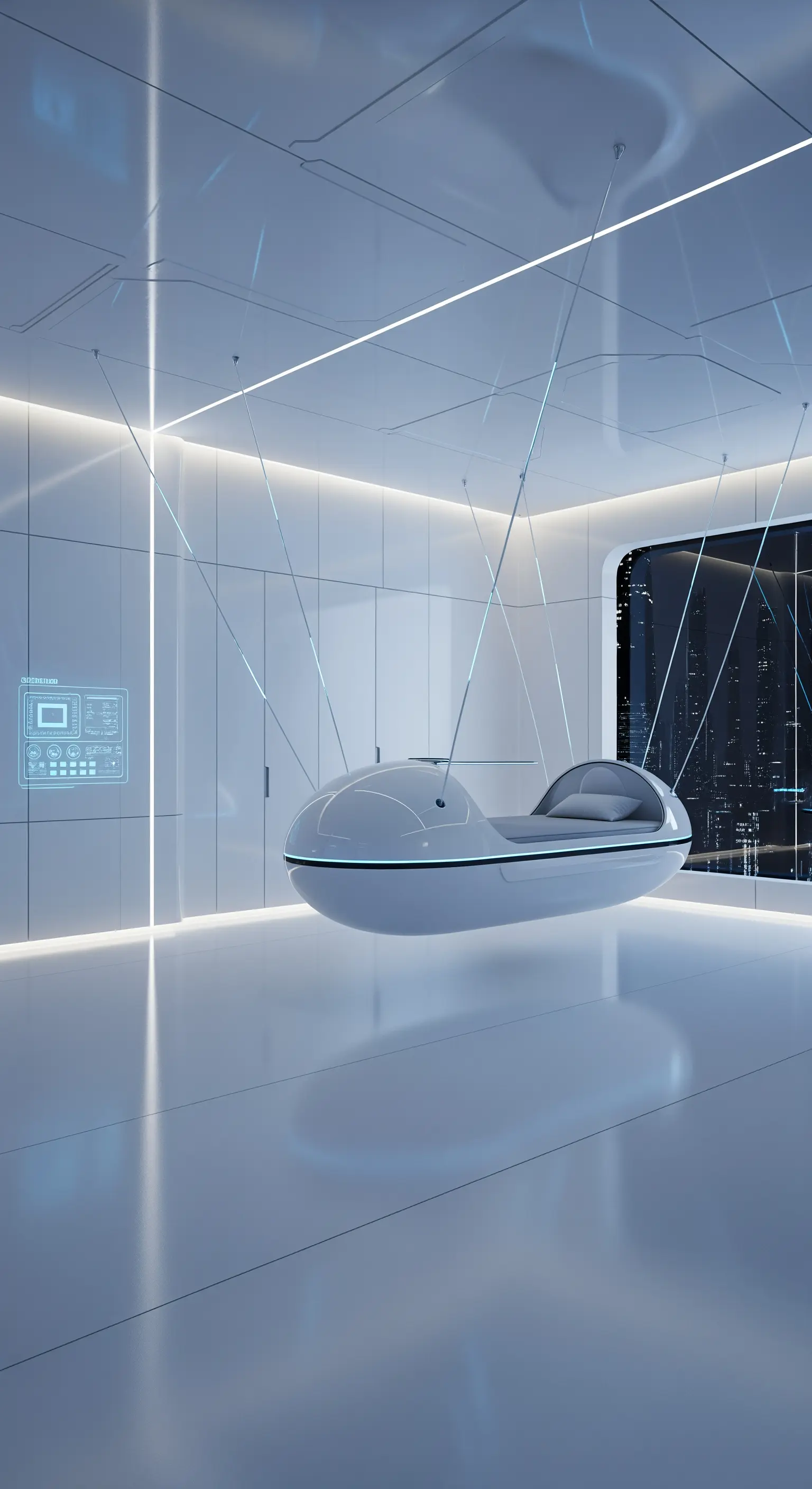 Letto-capsula bianco e futuristico, sospeso da cavi sottili in una stanza minimalista.