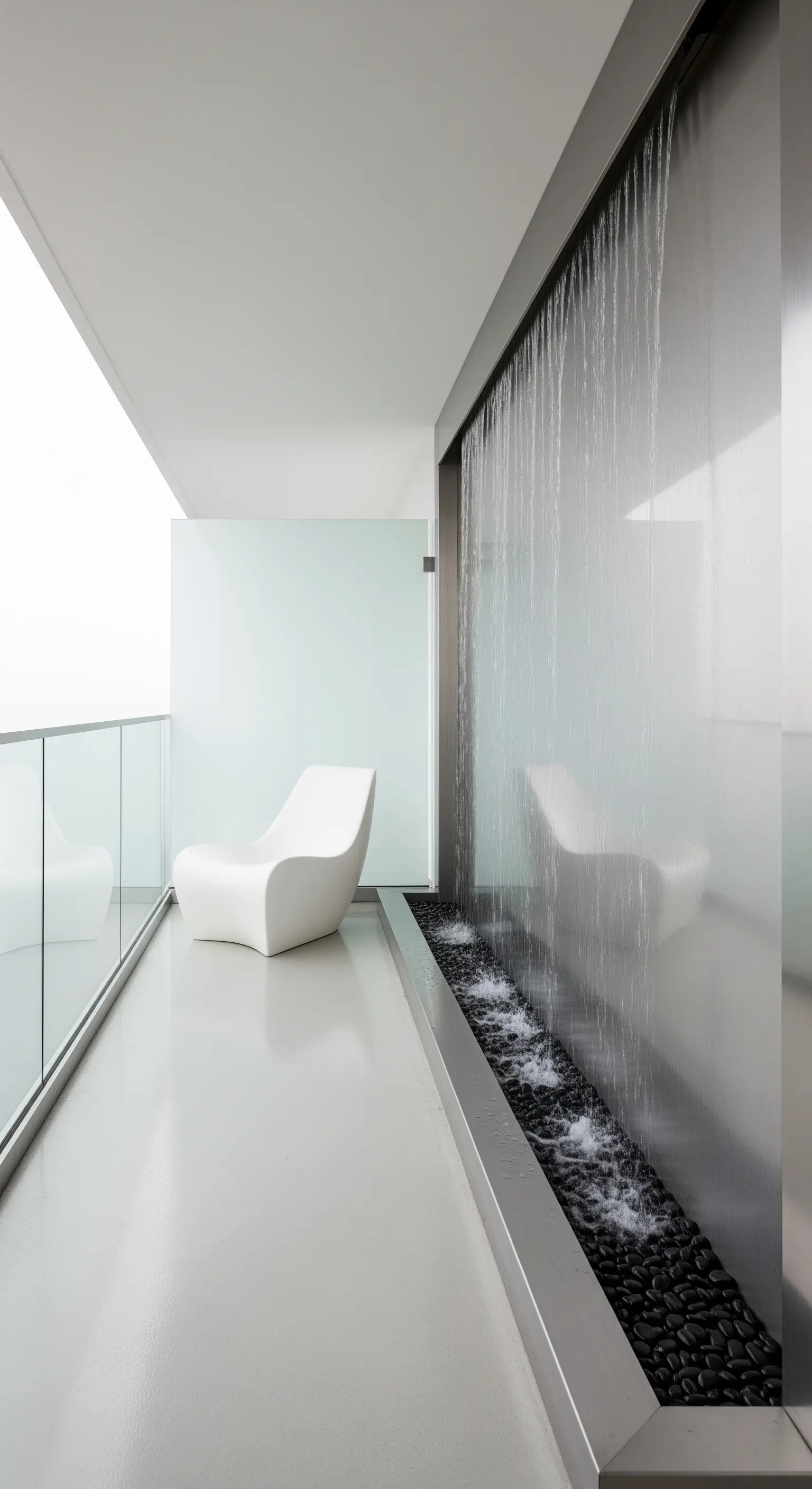 Balcone minimalista con una grande parete d'acqua in acciaio e una poltrona bianca di design.