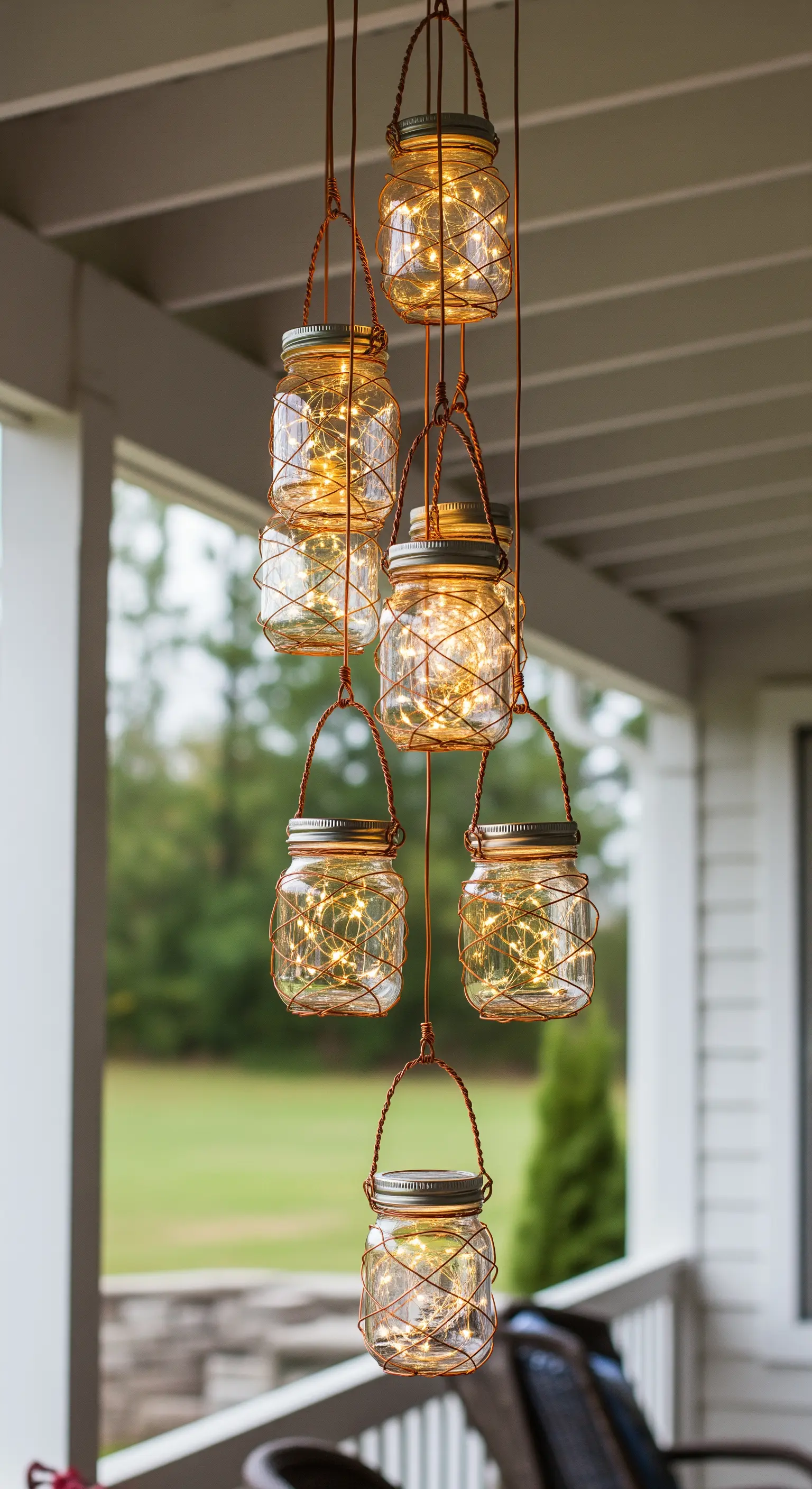 Lampadario fai-da-te composto da più barattoli di vetro con lucine, sospesi a diverse altezze.