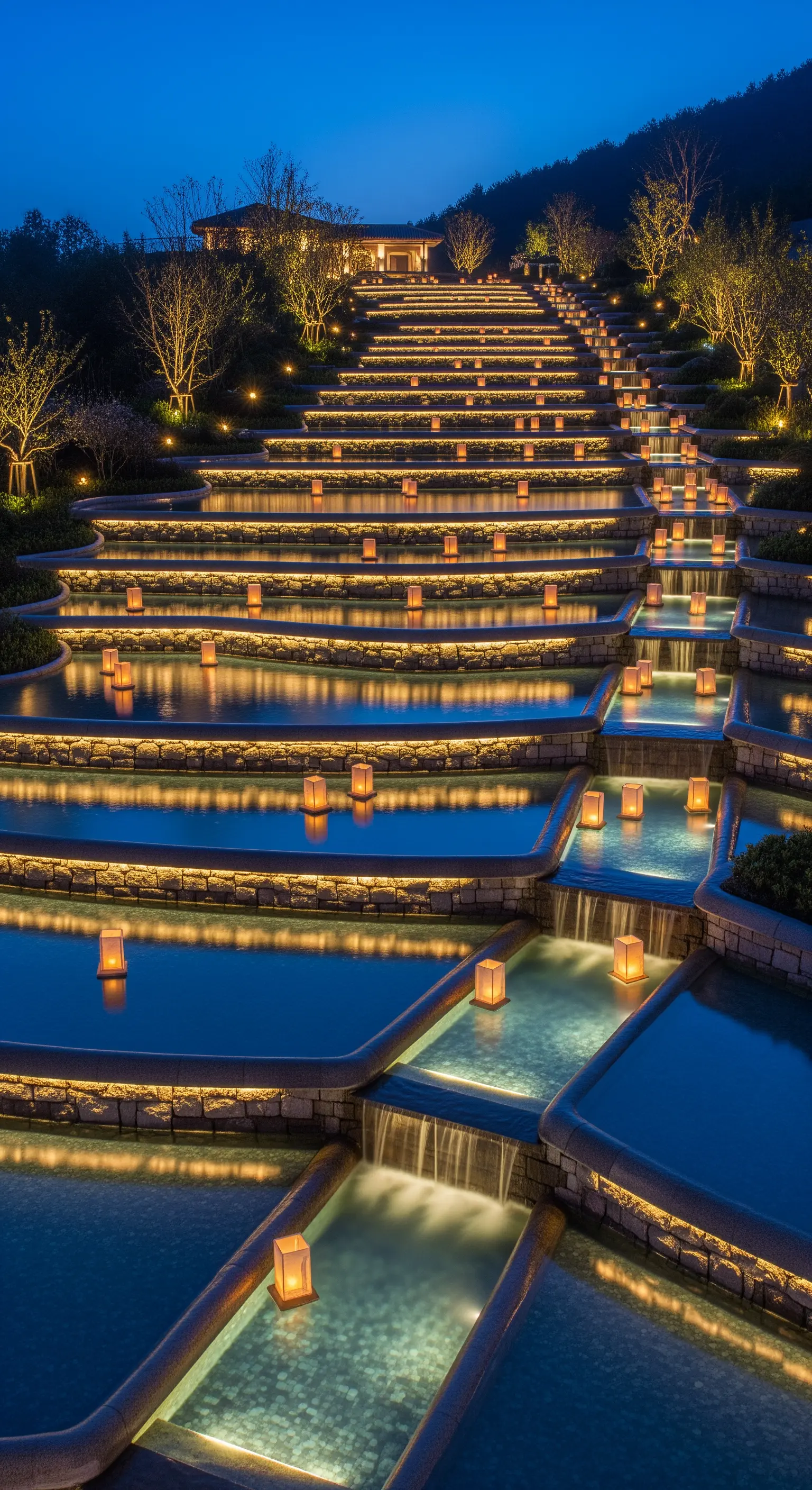 Giardino terrazzato con cascate e piscine, illuminato da lanterne su ogni livello.