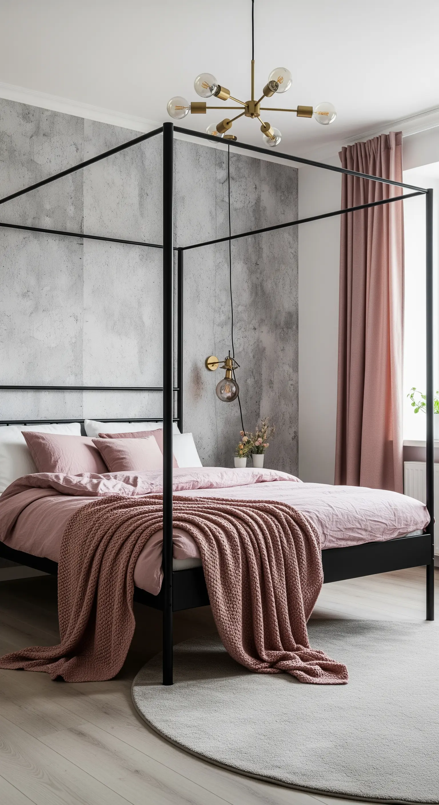Letto a baldacchino nero contro una parete effetto cemento, con biancheria e tende rosa antico.