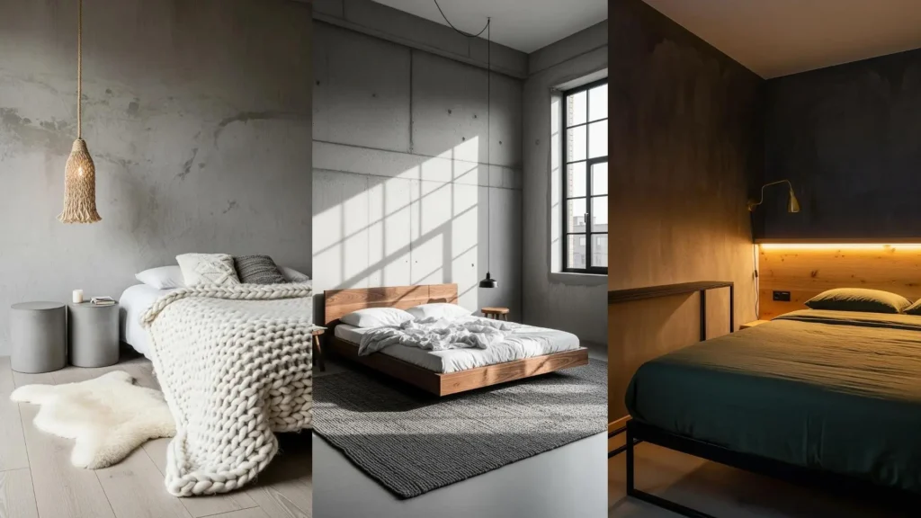 Tre camere da letto minimaliste con pareti effetto cemento e arredi essenziali per uno stile industrial chic.
