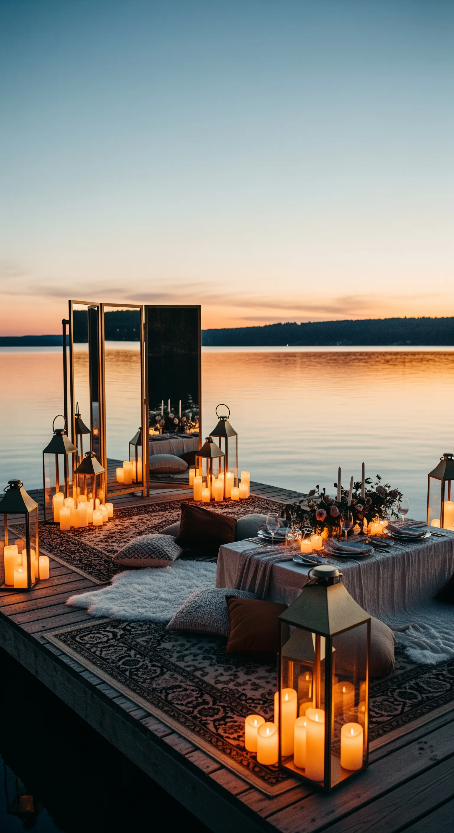 Cena romantica allestita su un molo al tramonto, con tappeti, lanterne e un paravento a specchio.