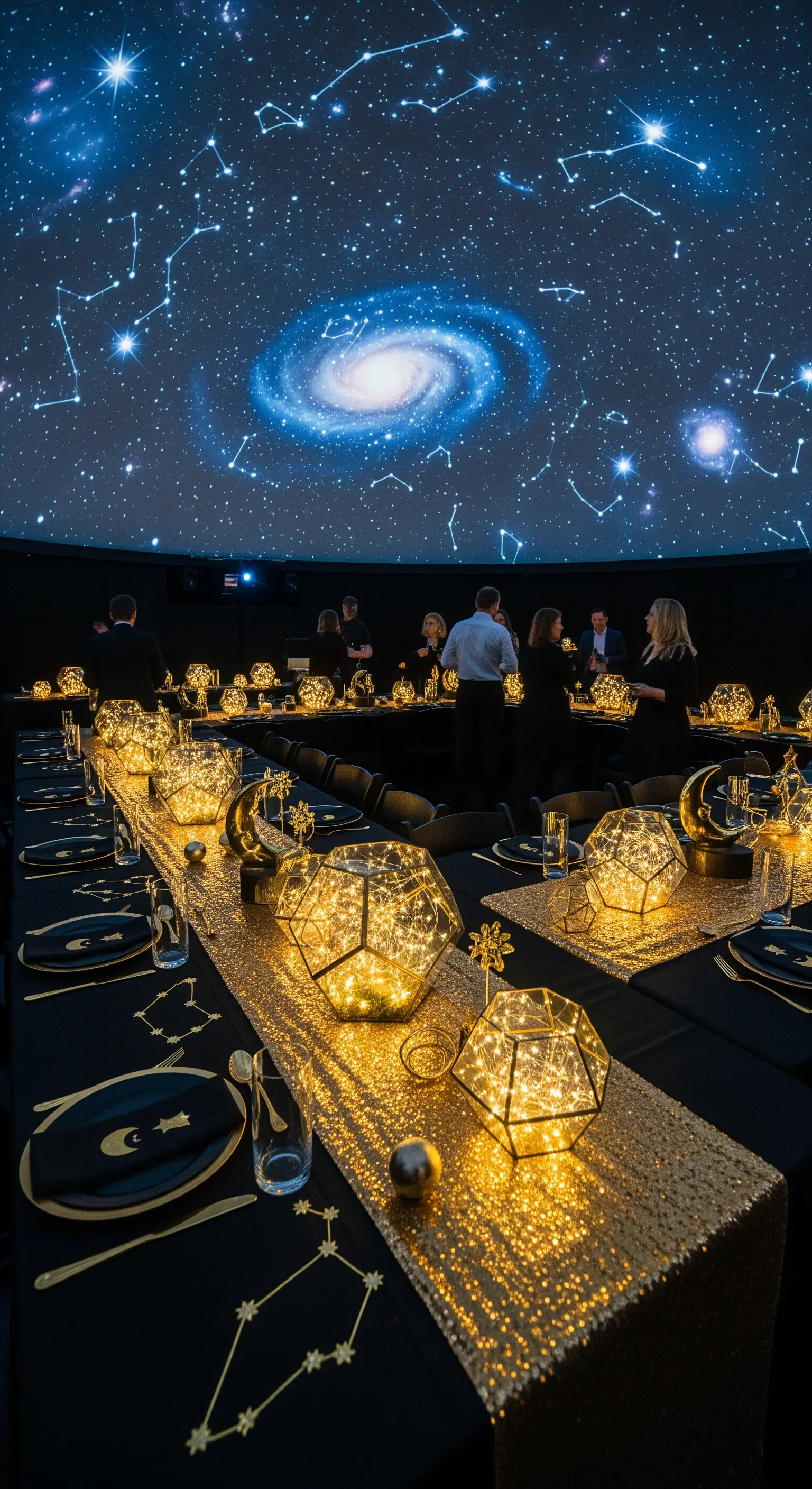 Tavola per una cena a tema galassia, con soffitto proiettato e centrotavola luminosi.