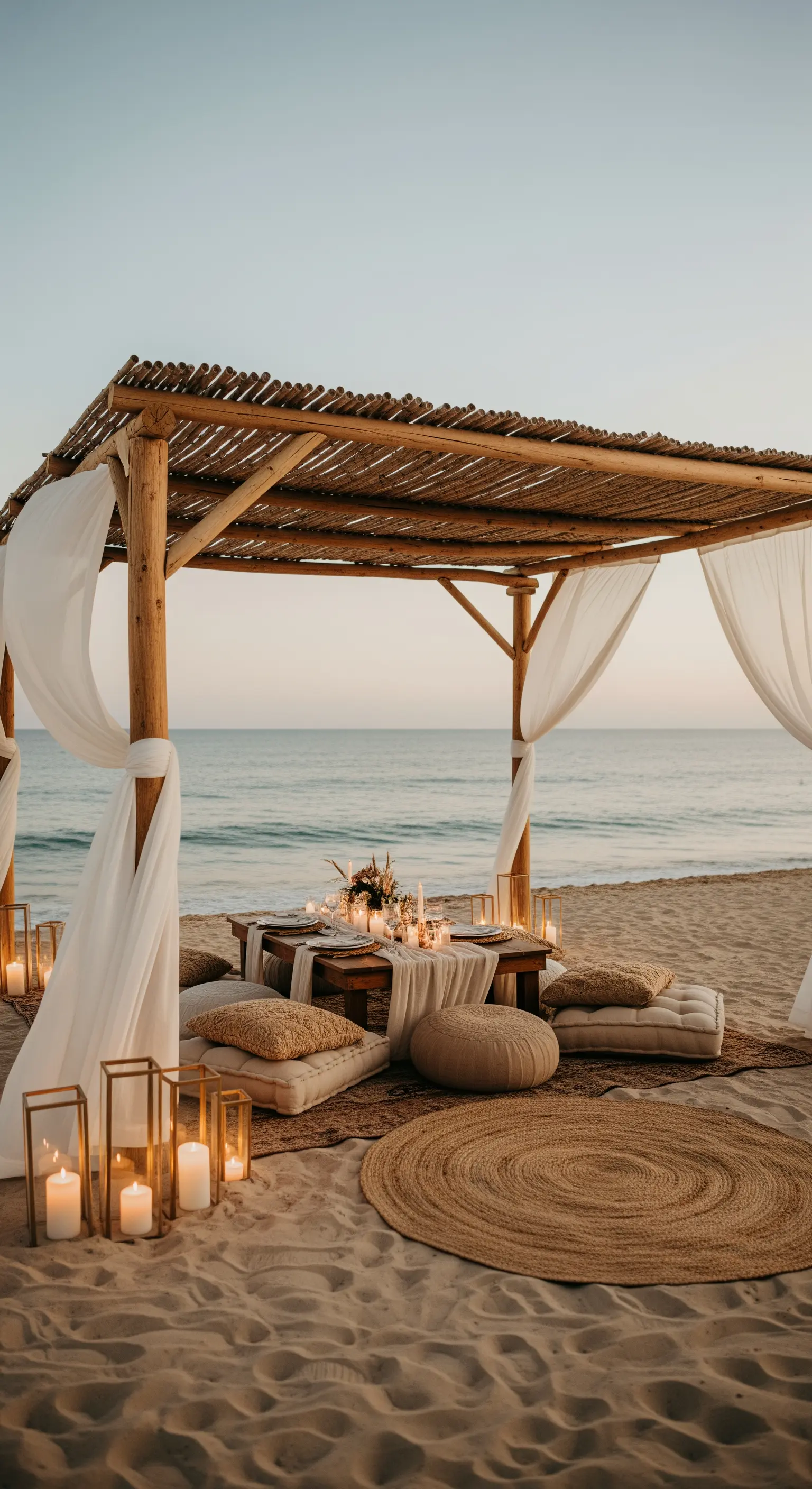 Allestimento per una cena sulla spiaggia con baldacchino, cuscini bassi, tappeti e lanterne.