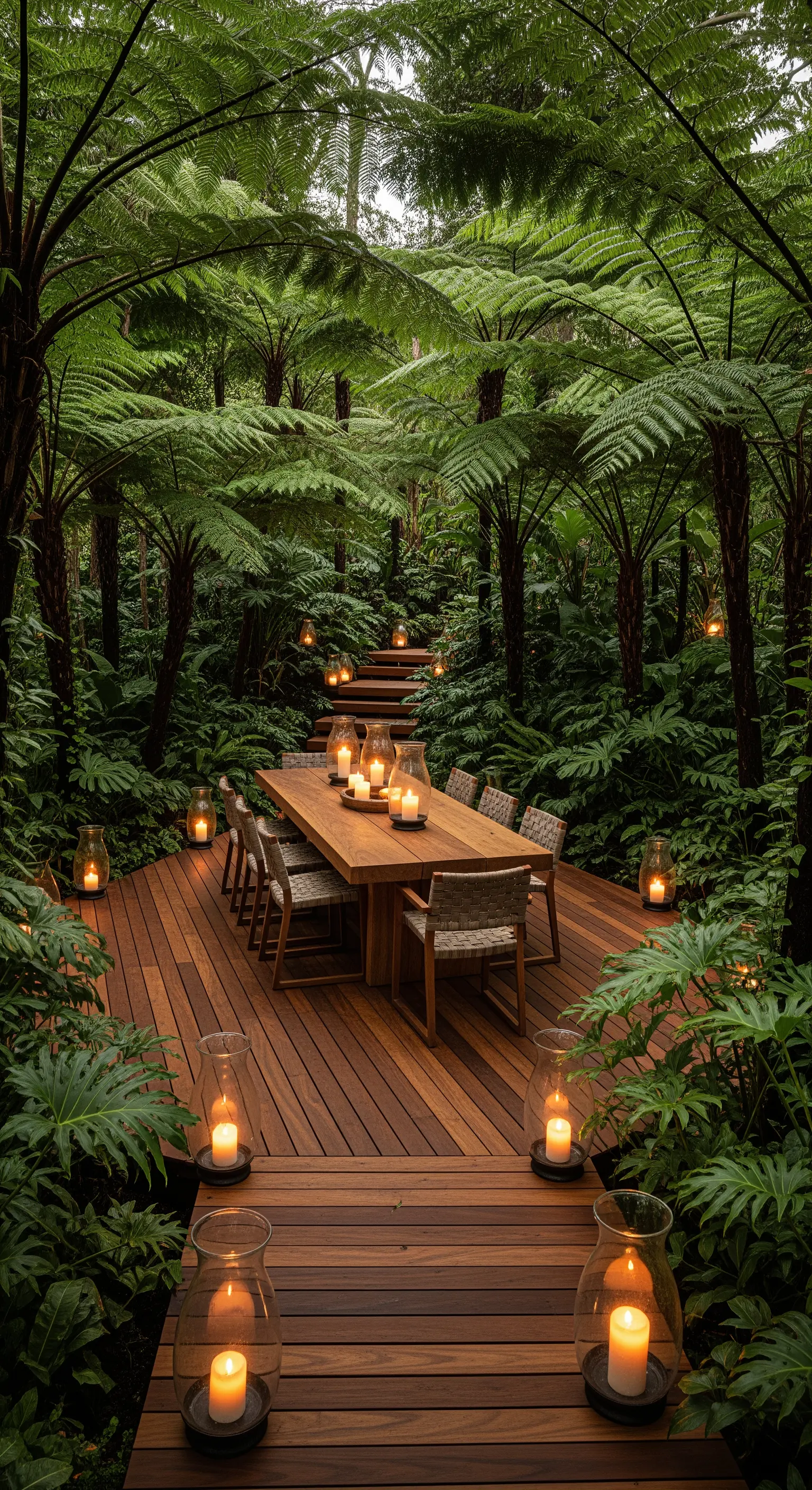 Tavolo da pranzo in legno su una pedana in mezzo a una foresta di felci, illuminato da candele.