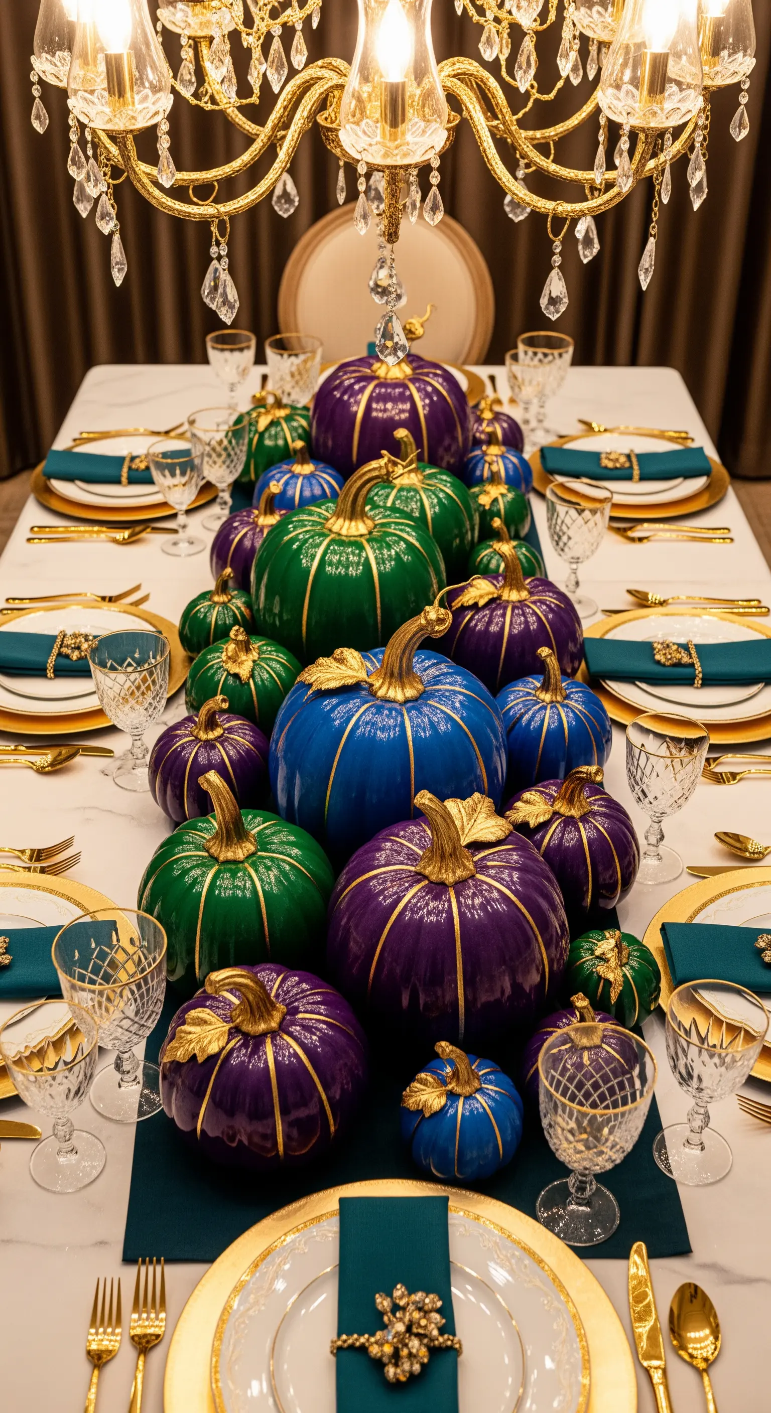 Centrotavola con zucche dipinte in viola, blu e verde e steli dorati.